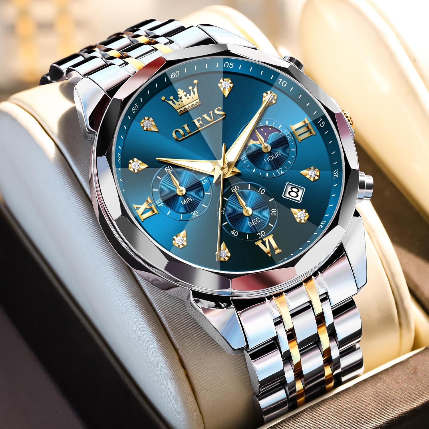 OLEVS Watches for Men Stainless Steel Dress Men Watch with Date Big Face Chronograph Waterproof Luxury Fashion Watch Blue/Black/Gold/Green/Silver Face Relojes para Hombres - Image 2