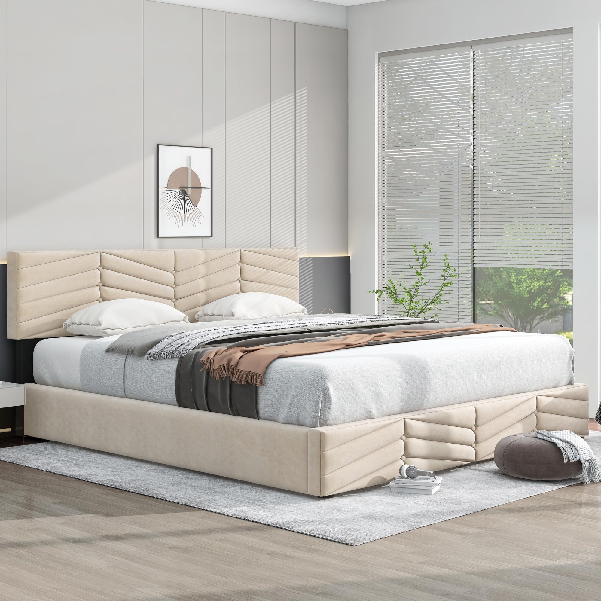 Letto Imbottito 180x200 cm, Letto Matrimoniale con Contenitore, Modern Struttura del Letti Idraulico con Testiera Regolabile In Altezza e Rete a Doghe In Legno, Velluto, Beige, Senza Materasso