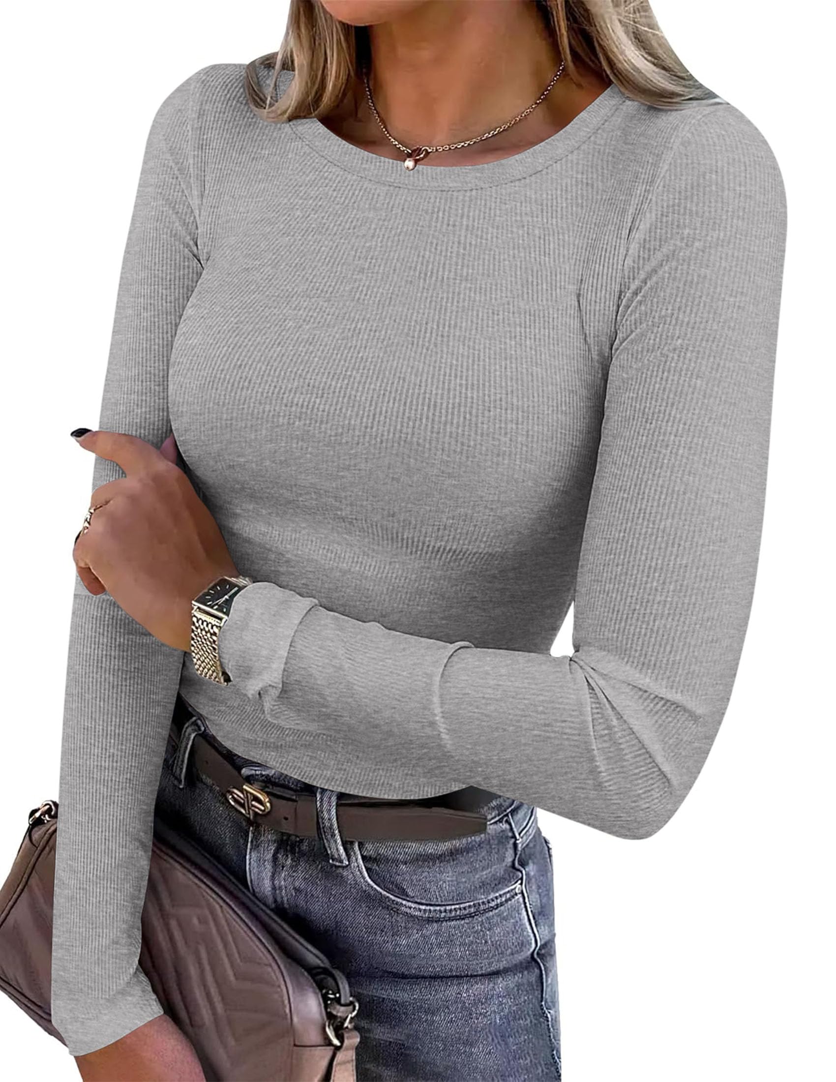 PRETTYGARDEN Women 2025 Fall Clothes Long Sleeve Shirts Ribbed Knit Fitted Basic Tee Going Out Tops Underscrub Casual Outfits