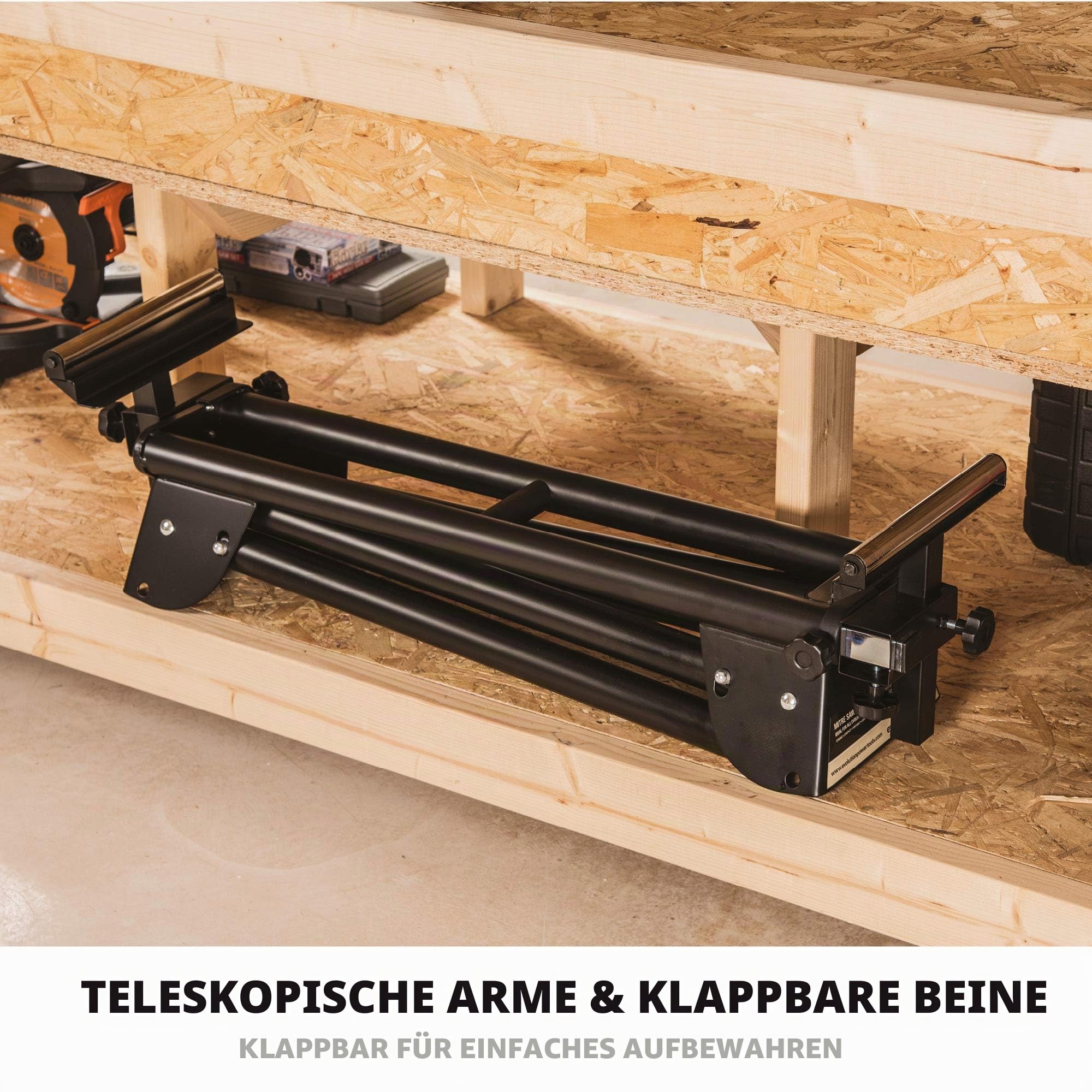 Evolution Arbeitstisch Untergestell für Gehrungssägen Elektrowerkzeuge - Universell passend für Evolution, Einhell, Metabo, Makita, DeWalt, Bosch - Kompakter klappbarer Ständer mit ausziehbaren Armen