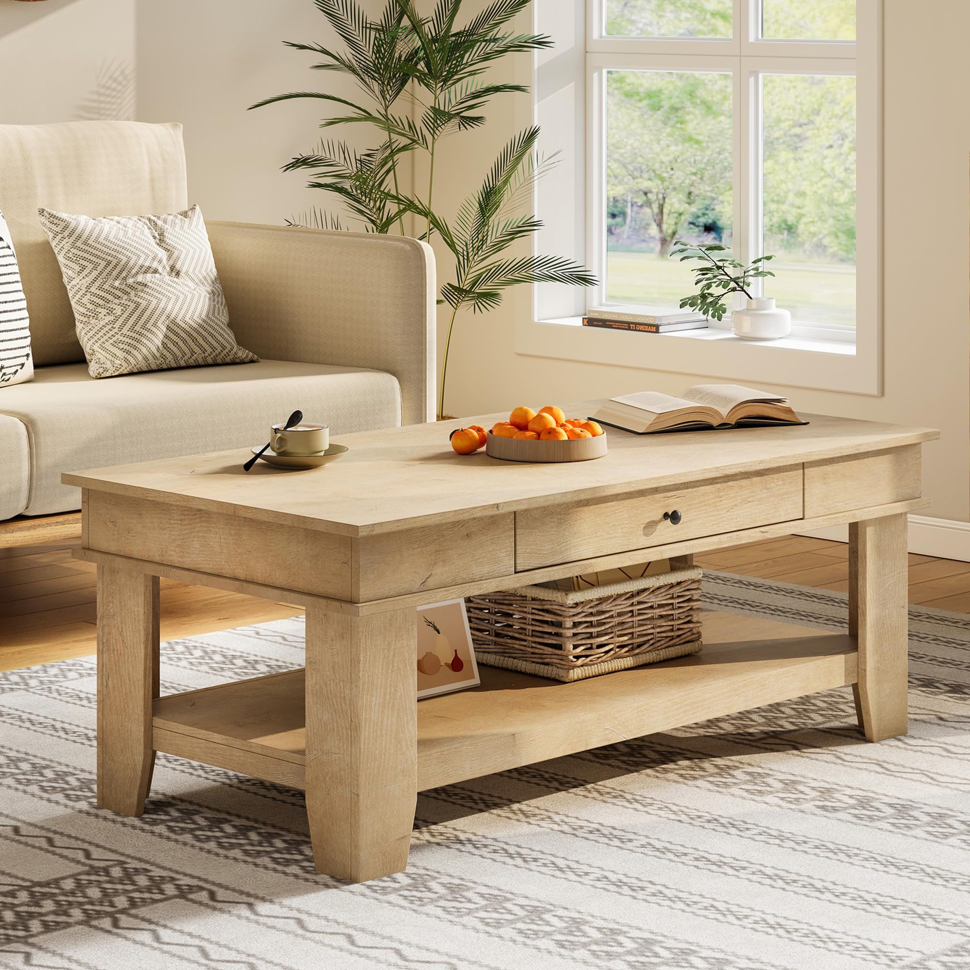GarveeHome Light Oak Coffee Table 47.2" Center Table with Drawer and Storage Shelf, Large Coffee Tables Living Room Furniture, Sturdy and Easy to Clean, Holds 3