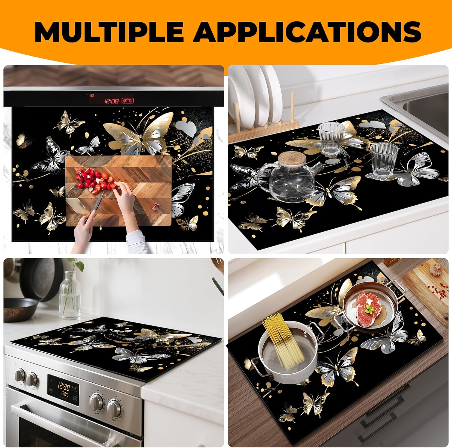 Heat-Resistant Glass Stove Top Cover with Anti-Slip Rubber Coating – Electric Stove Protector, Scratch-Resistant, Counter Space Decor Mat (Butterfly, 28.5"L x 20.5"W)