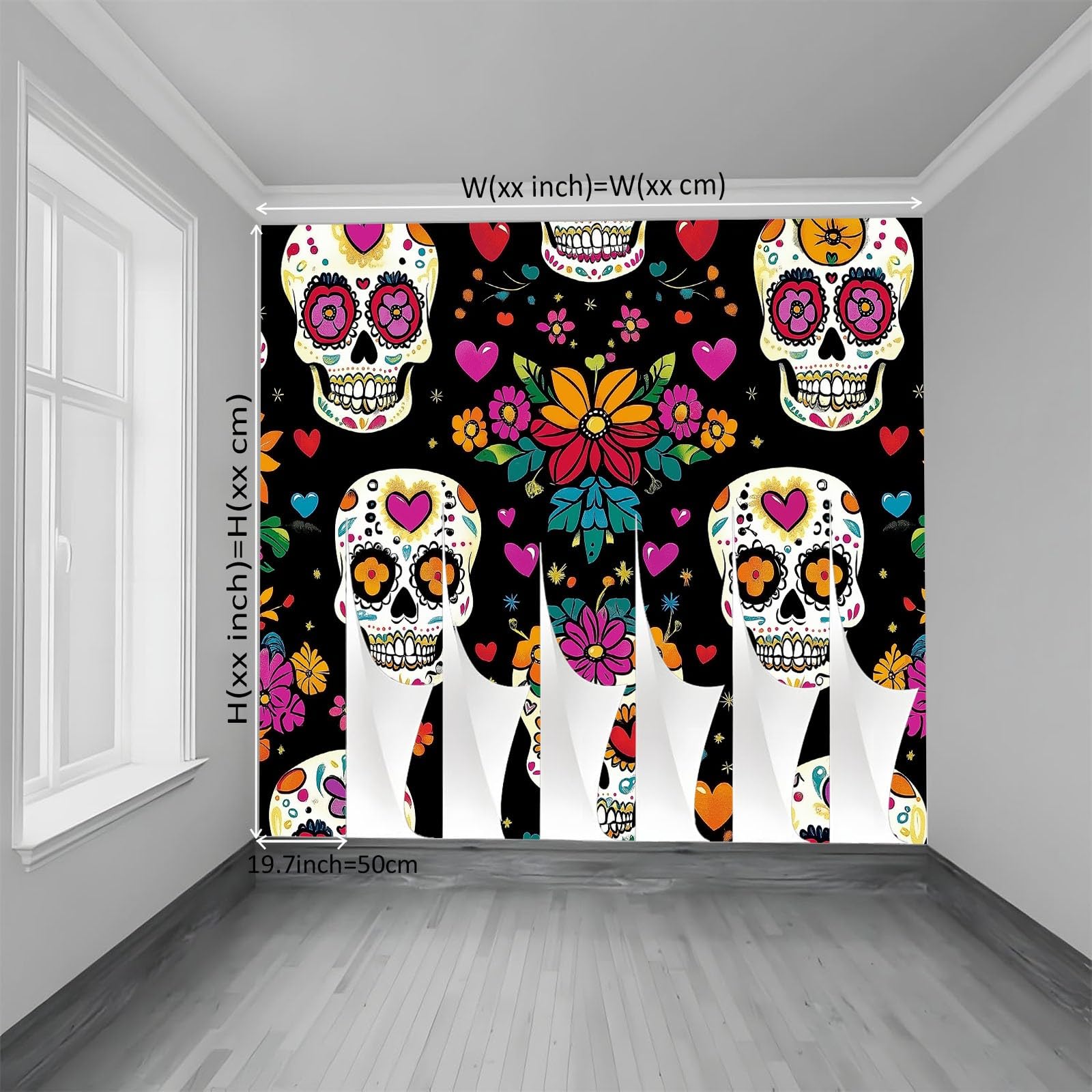 Fototapeta z włókniny, 450 x 280 cm, fototapeta retro, trupia czaszka, kwiaty, tapeta do salonu, nowoczesna tapeta z włókniny, XXL, tapeta ścienna, tapeta z motywem, efekt 3D, dekoracja ścienna