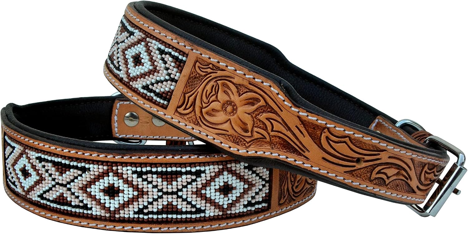 Affilare Leather Dog Collar Western Style Heavy Duty Hand Tooled Adjustable Beaded and Padded Soft for Puppies and Big Dogs 10AB007