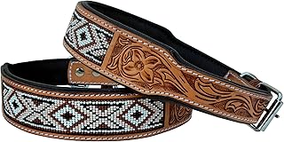Affilare Leather Dog Collar Western Style Heavy Duty Hand Tooled Adjustable Beaded and Padded Soft for Puppies and Big Dogs 10AB007 Brown White Black