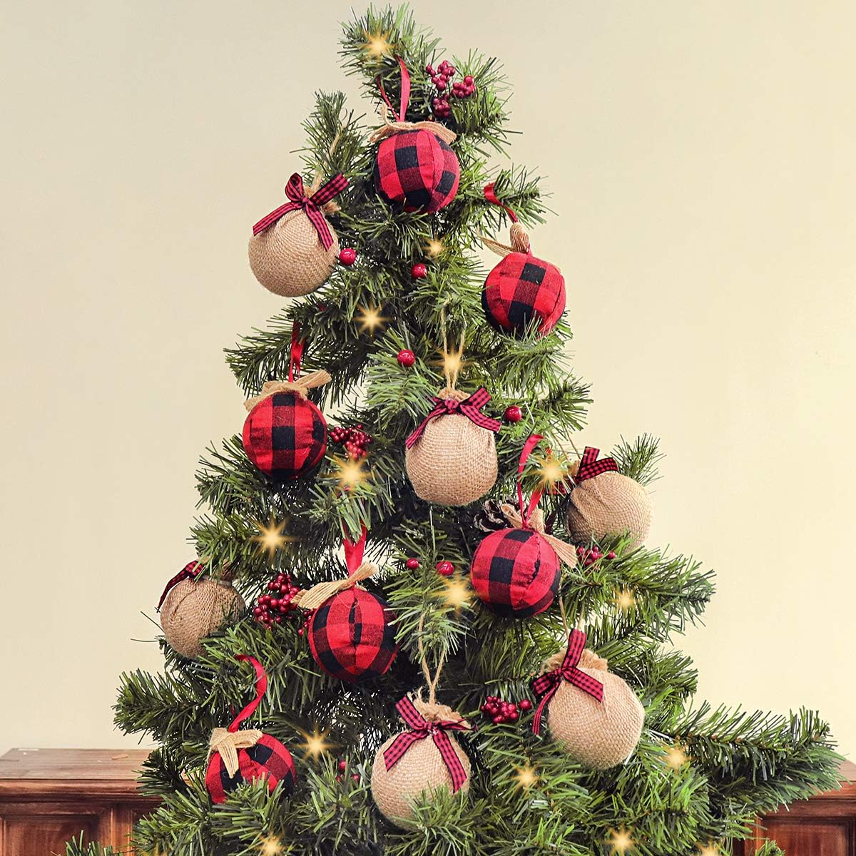 Christmas Tree Decorations, 12pcs Buffalo Plaid Burlap Farmhouse Christmas Ornaments, Red Black Country Xmas Decor Indoor, Cute Rustic Xmas Ball for Home Office Family Holiday Party, Unbreakable