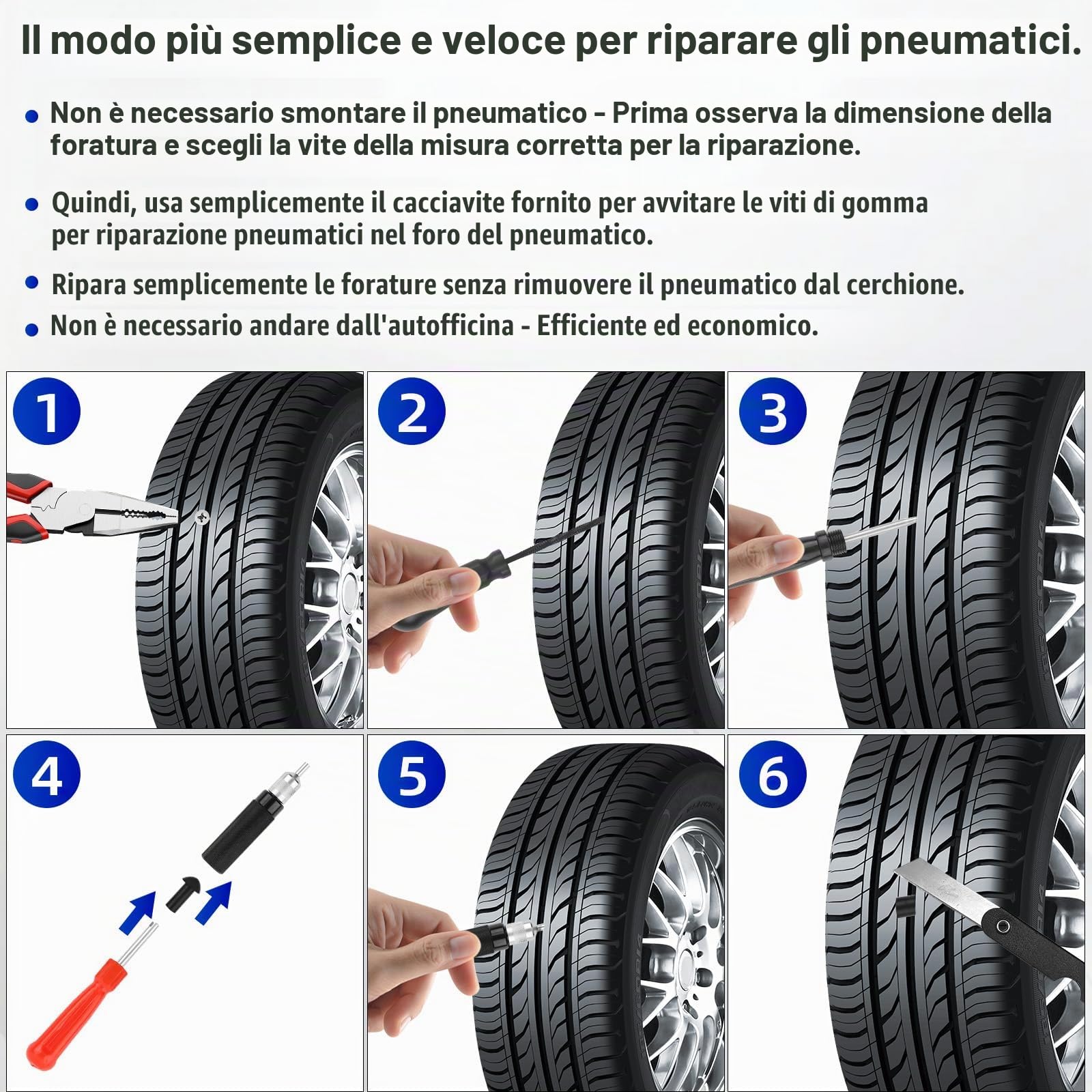 Riloer Set di strumenti plugger per riparazione pneumatici per auto e moto Kit di riparazione per ruote per pneumatici Ugello per sonda con presa a fungo
