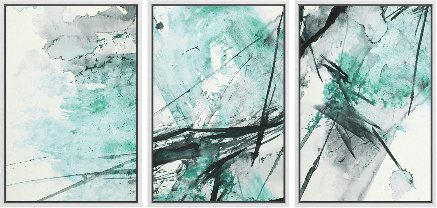 NWT Framed Wall Art Print Set Teal & Green Watercolor Explosion Abstract Shapes Illustrations Modern Art Bohemian Colorful Pastel for Living Room, Bedroom, Office - 24"x36"x3 White