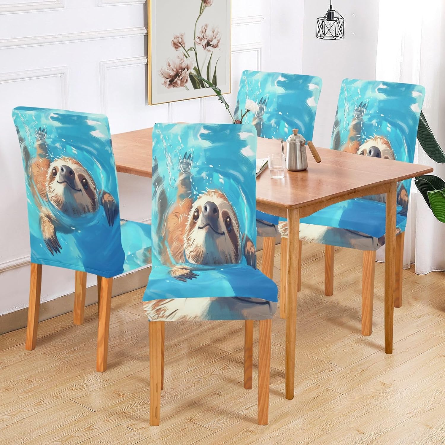 ALAZA Chair Covers for Dining Room, Sloth Swimming in Pool Stretch Chair Cover Sets Chair Protector Removable Washable for Ktichen Restaurant Hotel
