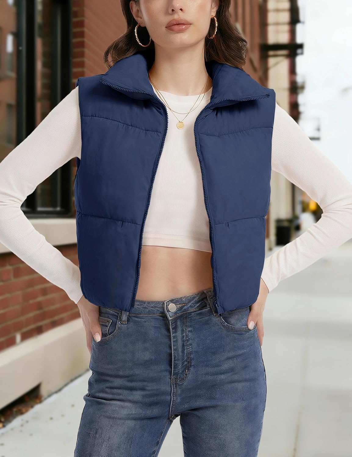 SMENG Women's Cropped Puffer Vest Zip Stand Collar Lightweight Warm Outerwear Drawstring Hem Side Pockets
