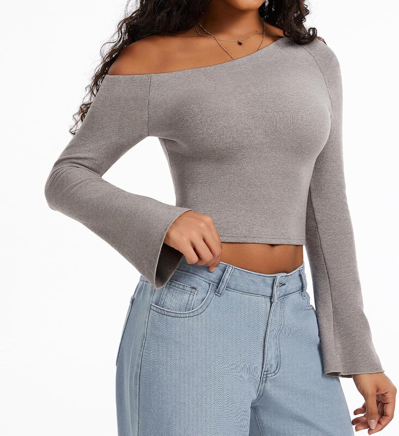 ZeroBound Built in Shelf Bra Off Shoulder Tops, Long Bell Sleeve Crop Tops for Women, Basic Casual Crop Going Out T Shirts - Image 2