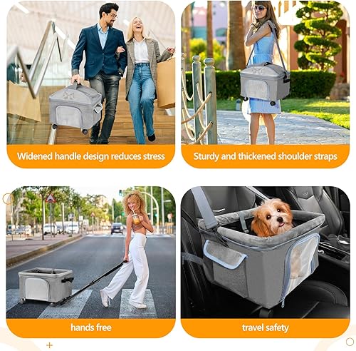 Vista 9 de Transportador de mascotas para perros pequeños, gatos y gatos con ruedas de lados suaves, bolsa de viaje para gatos de hasta 15 libras, cochecitos