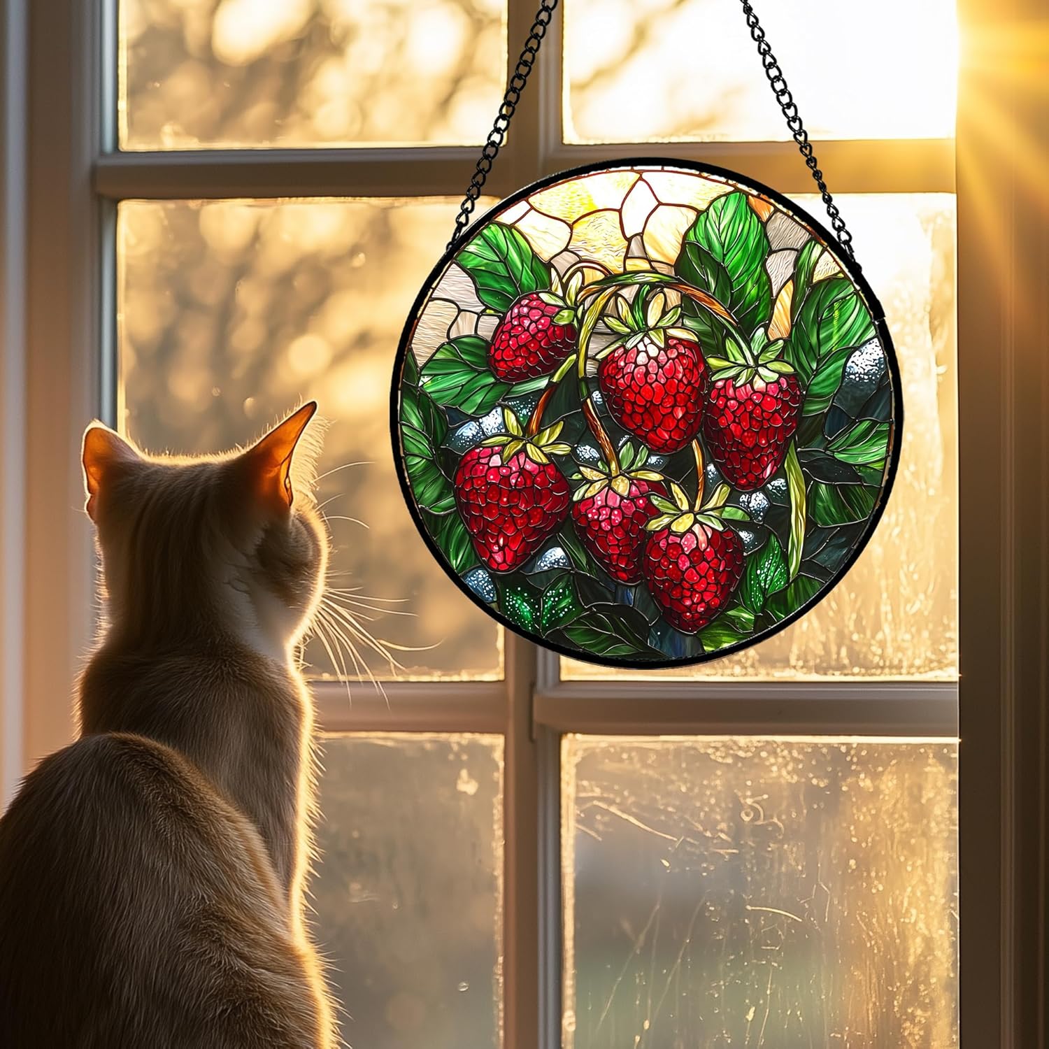 Stained Glass Suncatcher, Red Strawberry Green Leaf Sun Catcher Silver Background Stain Glass Window Hanging Decoration Mother's Day Birthday Gifts for Women Men Mom Nana 6.3 in