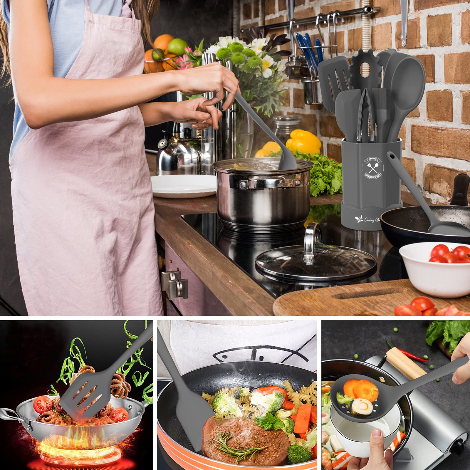 Deedro, set di utensili da cucina in silicone, 16 pezzi, resistenti al calore, con supporto, spatola antiaderente, gadget da cucina per cucinare e cuocere, grigio