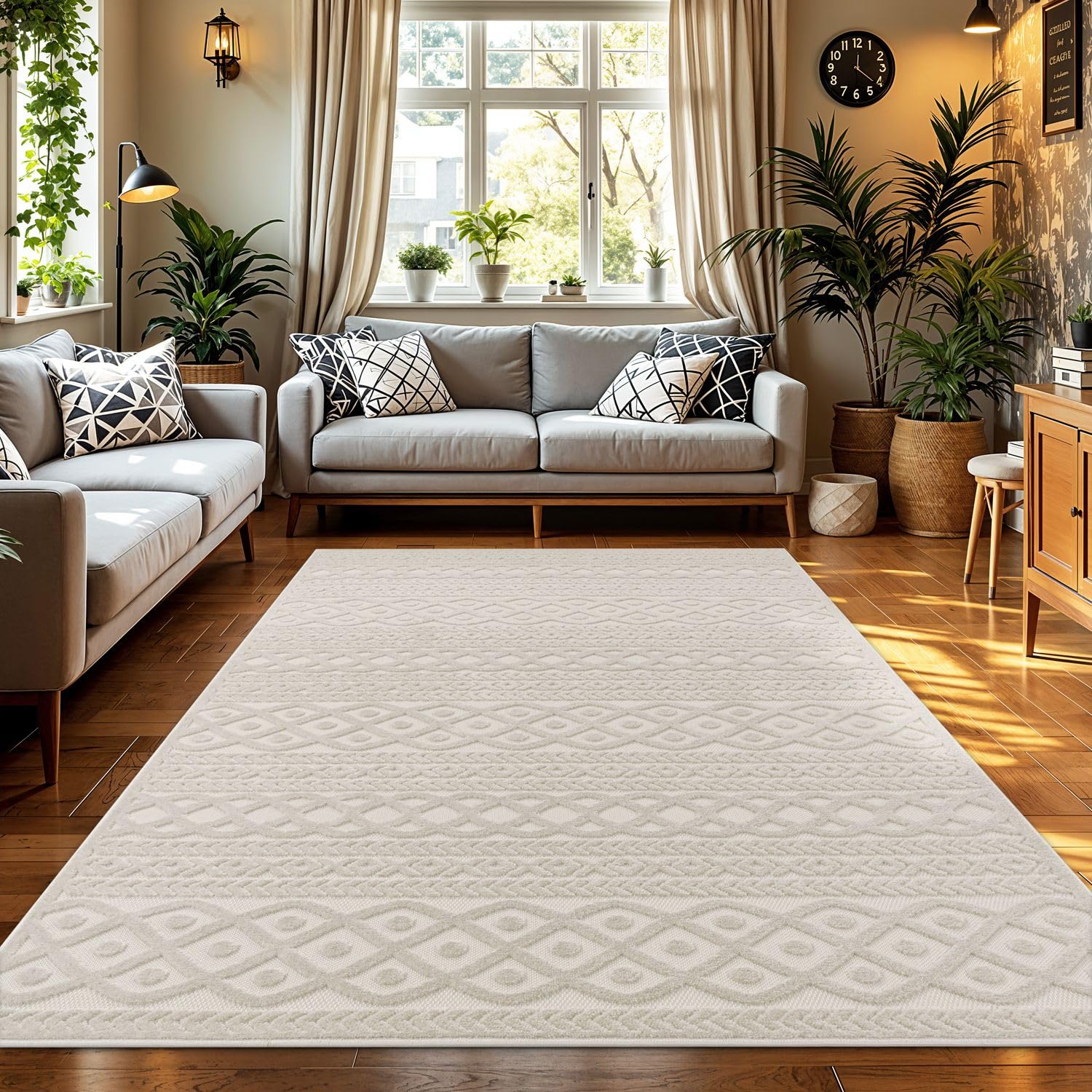TT Home Tapis D'Intérieur Et D'Extérieur Résistant Aux Intempéries Balcon Chambre À Coucher Motif Boho Skandi Aspect Géométrique, Couleur:Crème 4, Dimension:160x230 cm
