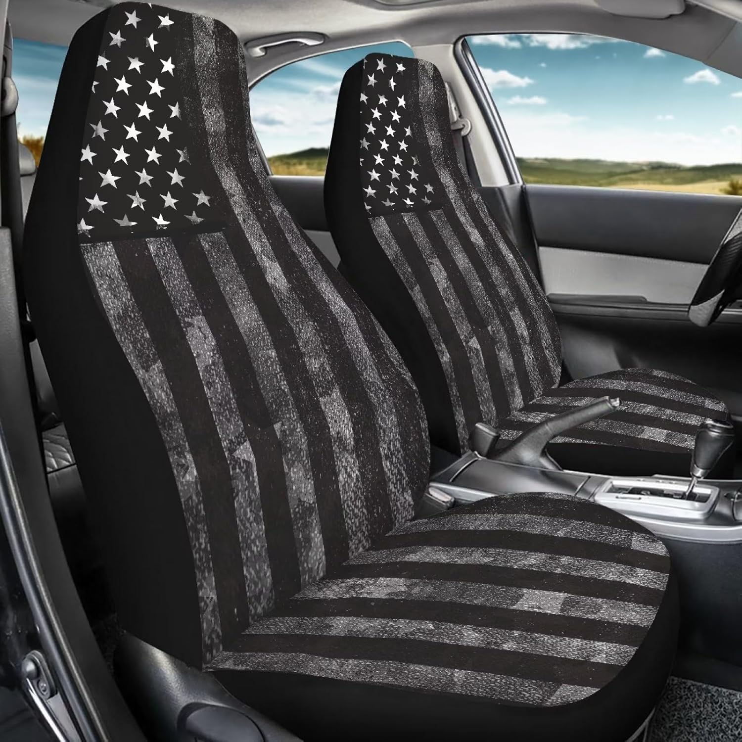 Black Grey American Flag Print 2 Piece Car Seat Covers Front Seats Only Camo Car Accessories for Women Men Interior 4th of July Patriotic Bucket Seat Protector for Cars Trucks SUV