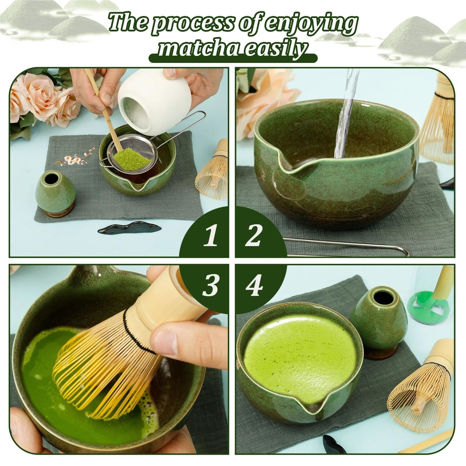 Service À Thé Matcha 7 Pièces, Bol Rond Émaillé Transformé Au Four, Avec, Fouet, Cuillère Et Tamis, Adapté Aux Amateurs De Matcha Kit(White 7 pcs)