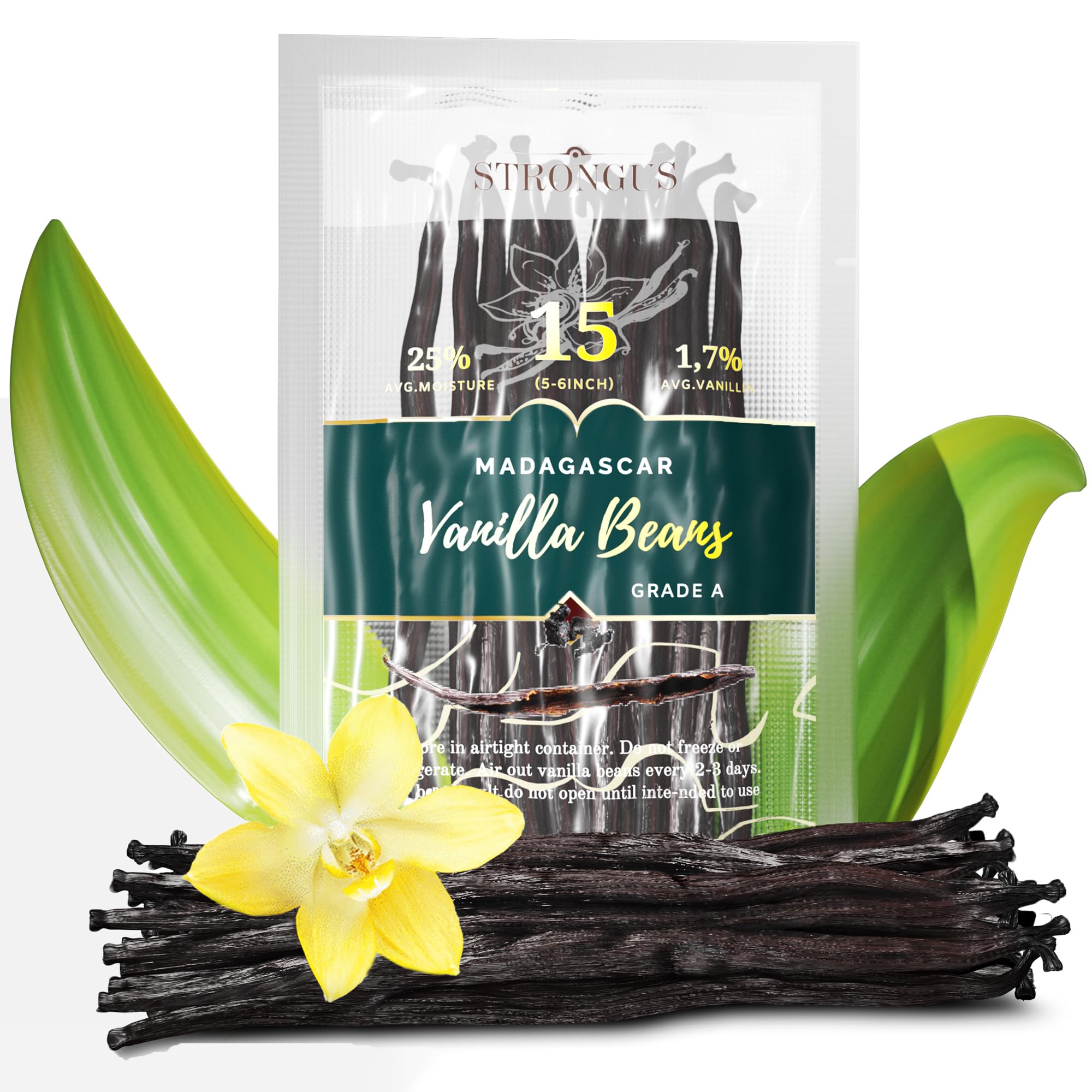 Madagascar Vanilla Beans - Vacuum Sealed Grade A Vanilla Pods - Rich, Creamy Flavor & Aroma -Great for for Baking, Homemade Extract, Paste, Brewing, Coffee, Cooking (15)