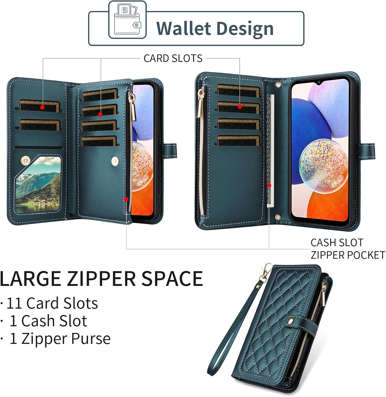 Wallet Case for Samsung Galaxy A15 5G/4G with Wrist Strap Flip Zipper Credit Card Holder Soft Stand Accessories Argyle Pattern Cell Phone Cover for A 15 G5 15A Women Girls Green