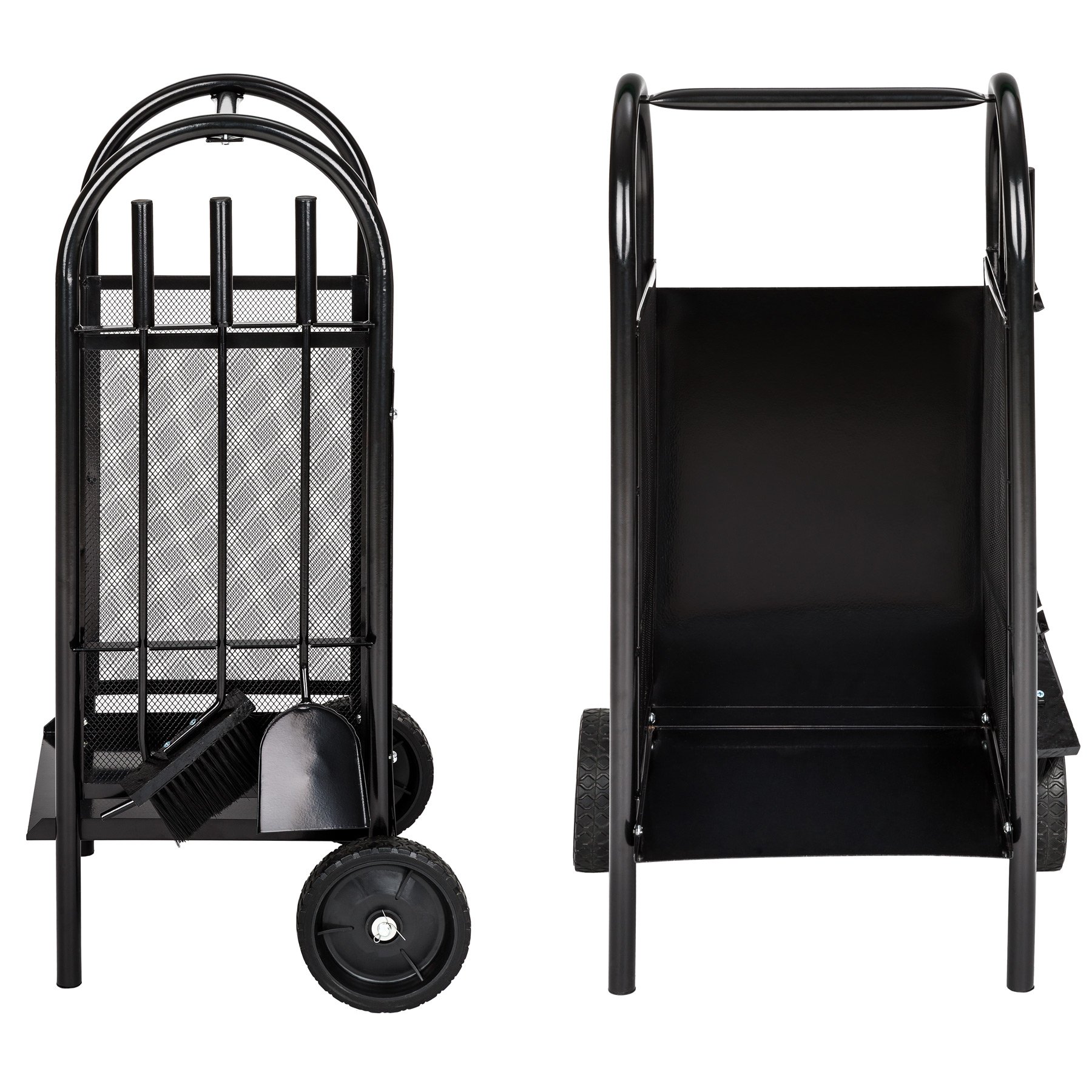 tectake® Carrello Portalegna con Ruote, Portalegna da interno con Struttura Stabile e Griglia, Attrezzi per Camino Inclusi (Paletta, Scopino, Attizzatoio), Design Elegante per Soggiorno - Nero