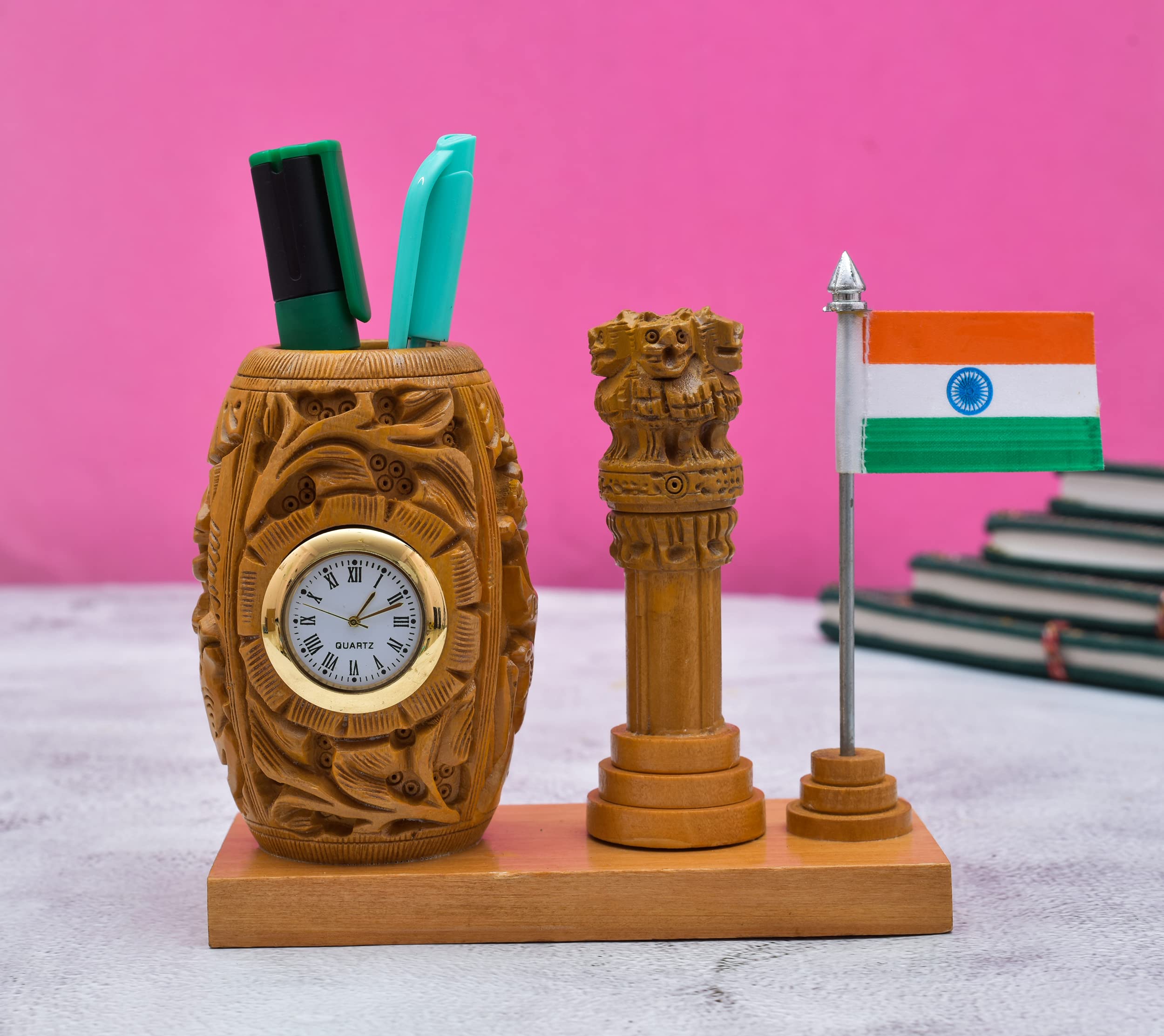 Kaka jiji Handicraft Stylish 5 Inches Wooden Pen stand with Clock Ashok Stamb for office/study table decoration items I Brown Color Pen/Pencil Holder Pack of 1 II Teachers Day Gifting (5 Inches)