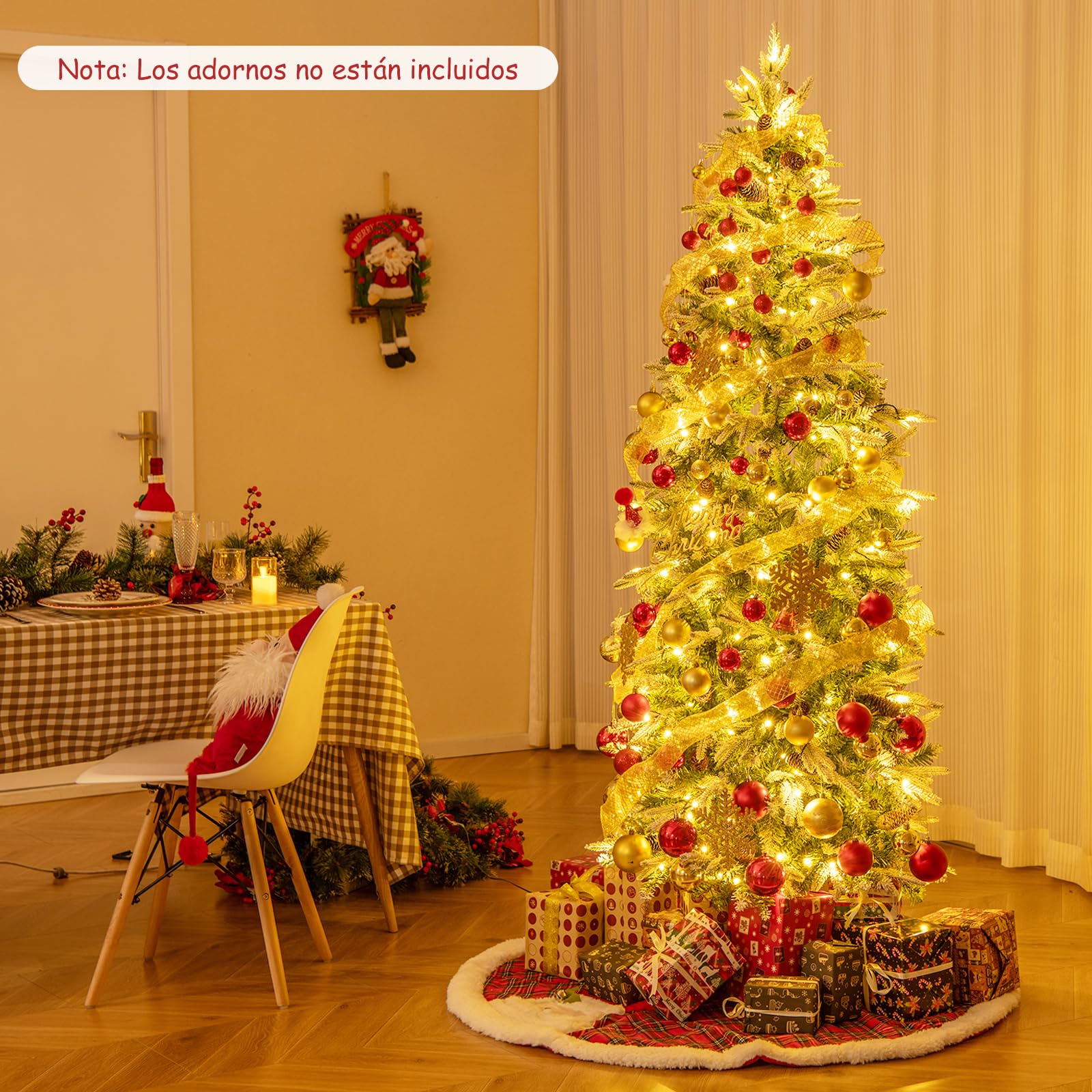 COSTWAY Arbol de Navidad Nevado 190 cm, 280 Luces Incorporadas, Arbol de Navidad Slim/Estrecho, 671 Ramas de PVC y PE, 60 Piñas, Arvore de Natal Hogar Oficina Fiesta (190cm)