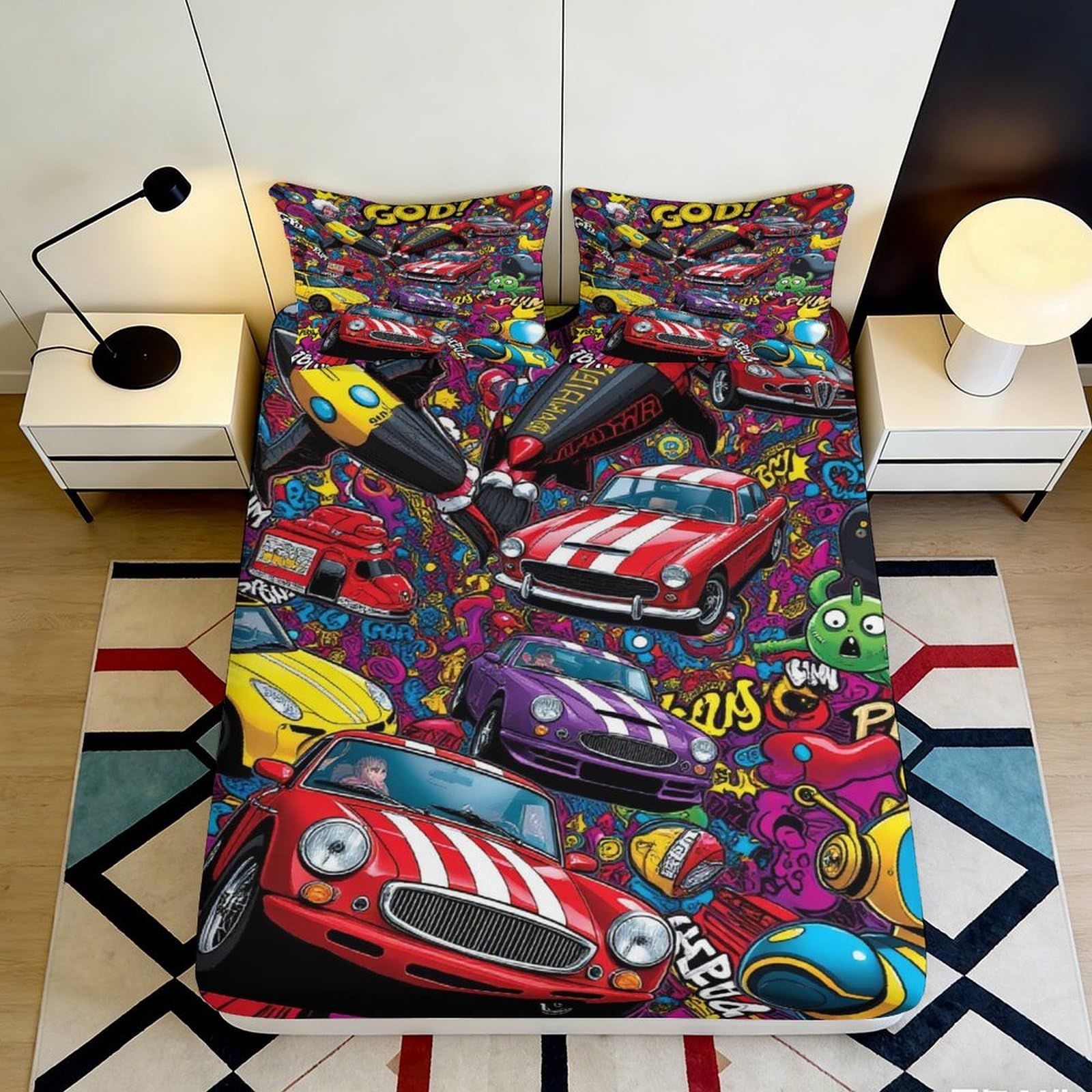 Wtorimpel Style-7 3D Printed Racing Theme Fitted Sheet Microfiber Deep Pocket Non-Slip For Adult Bedding 3D Cars Mattress Fitted Cover Washable 200X200x25cm