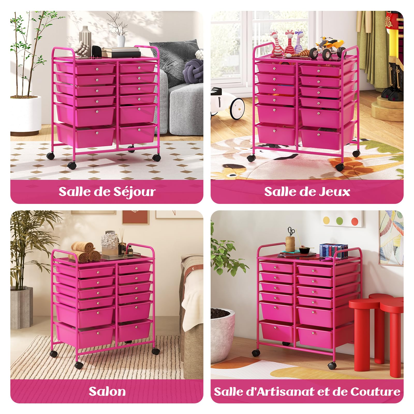 GOPLUS Chariot de Rangement 12 Tiroirs, Tour de Rangement à roulettes, Cadre en Acier, pour Chambre, Bureau, 64 x 38 x 75 CM (Rose) (Rose)