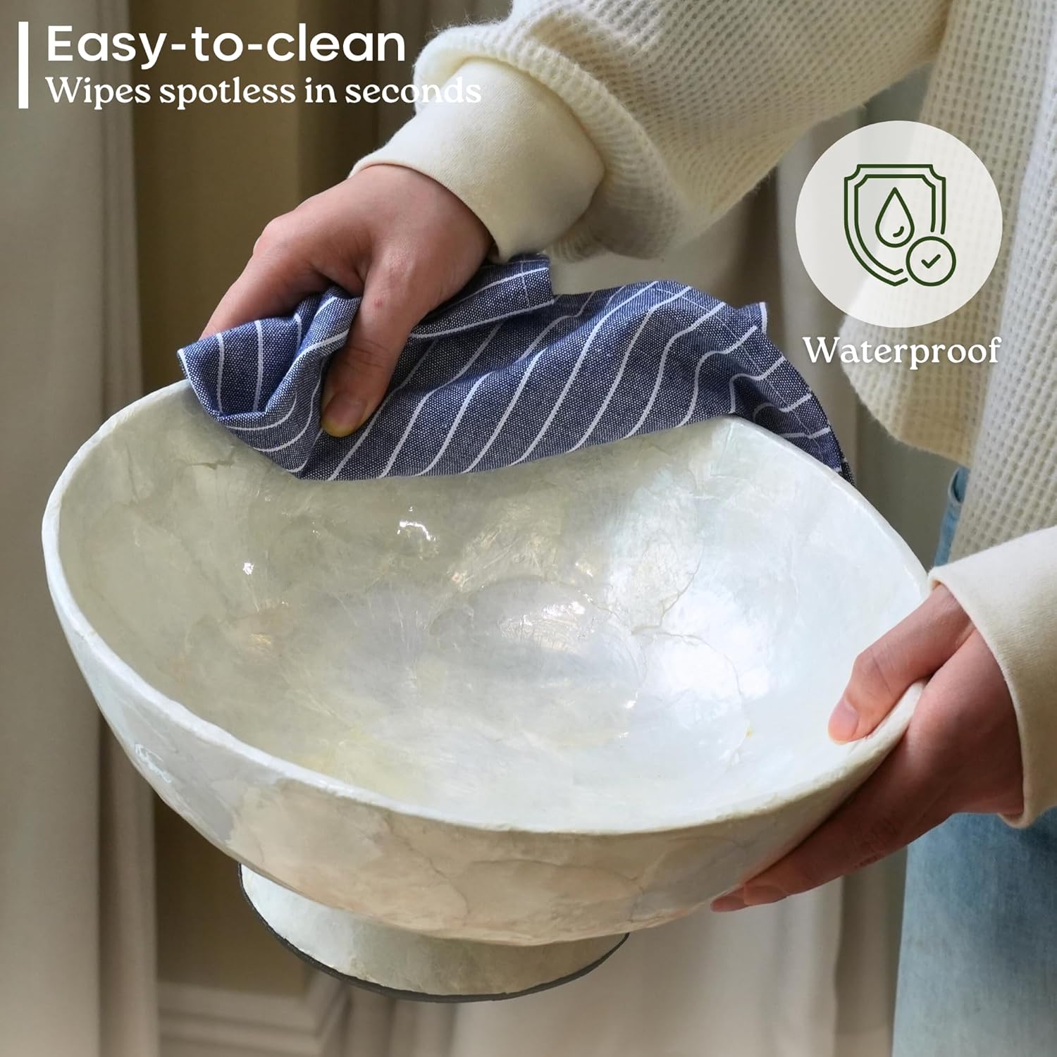 11” White Capiz Shell Decorative Bowl, Large Footed Centerpiece Bowl for Kitchen Island Decor, Modern Farmhouse Fruit Bowl for Entryway & Home Décor Accents