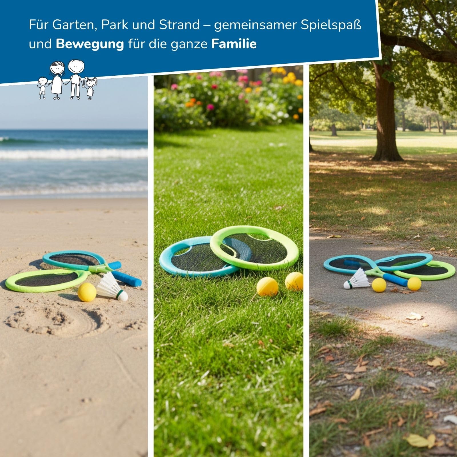 alldoro 68714 Beachball-Set 4in1, XL-Federball, XL-Soft-Tennis, Beachball & Wurfscheibe, wetterfestes Outdoor-Spielpaket ab 5 Jahren