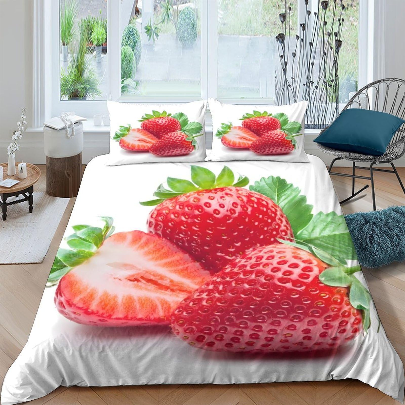 GPLZQXKJNH 3D Printed Strawberry Fruit Duvet Cover Microfiber Soft Breathable Red Berry Quilt Cover Set with 2 Pillowcases for Bedroom Home Decor Single（135x200cm）