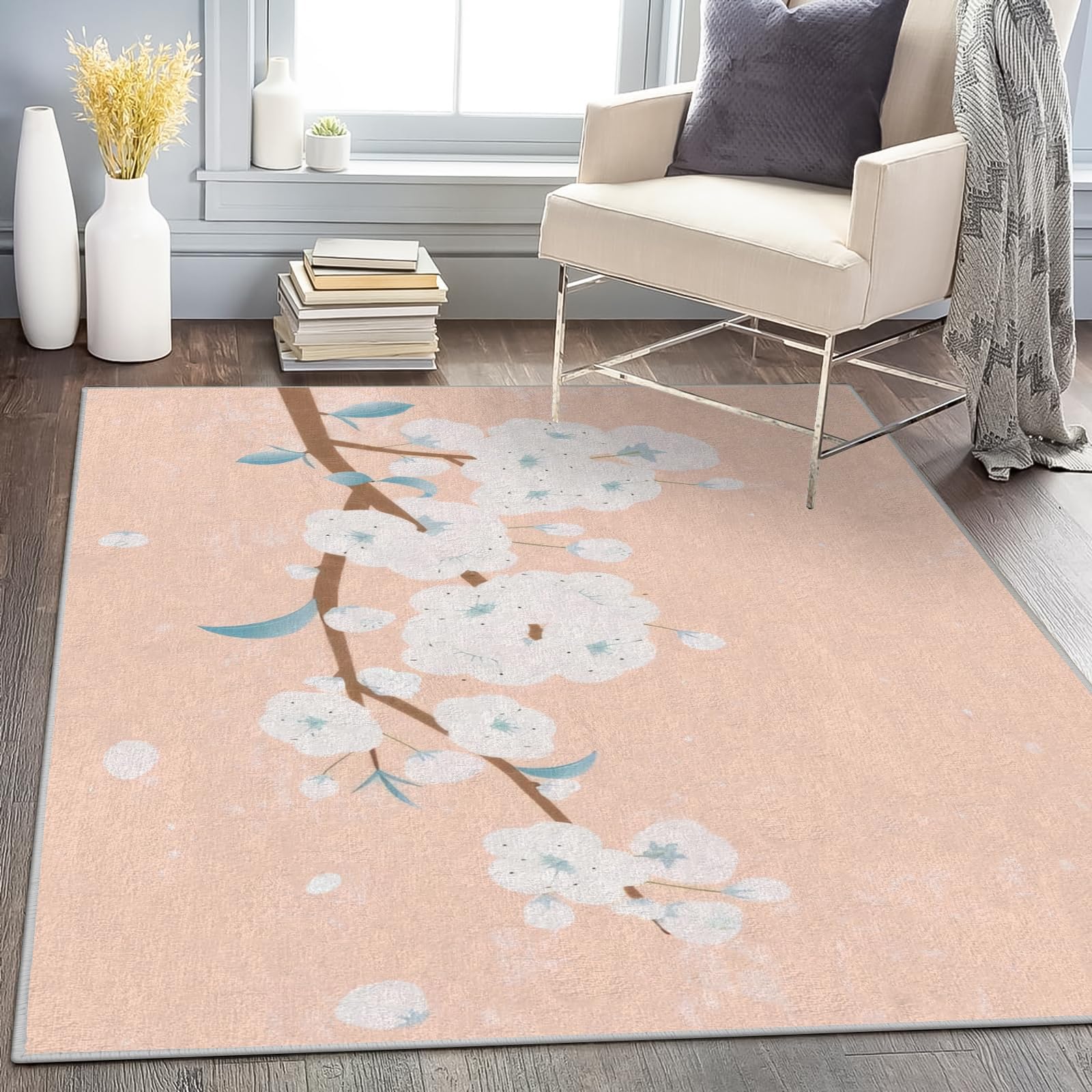 Tapis Fleur de Cerisier Lavable en Machine Tapis Salon 150x200 Poil Court, Tapis Beige Descente de Lit Chambre Doux Tapis Sol Absorbant, Moquette Decoration Chambre Fille Ado Adulte