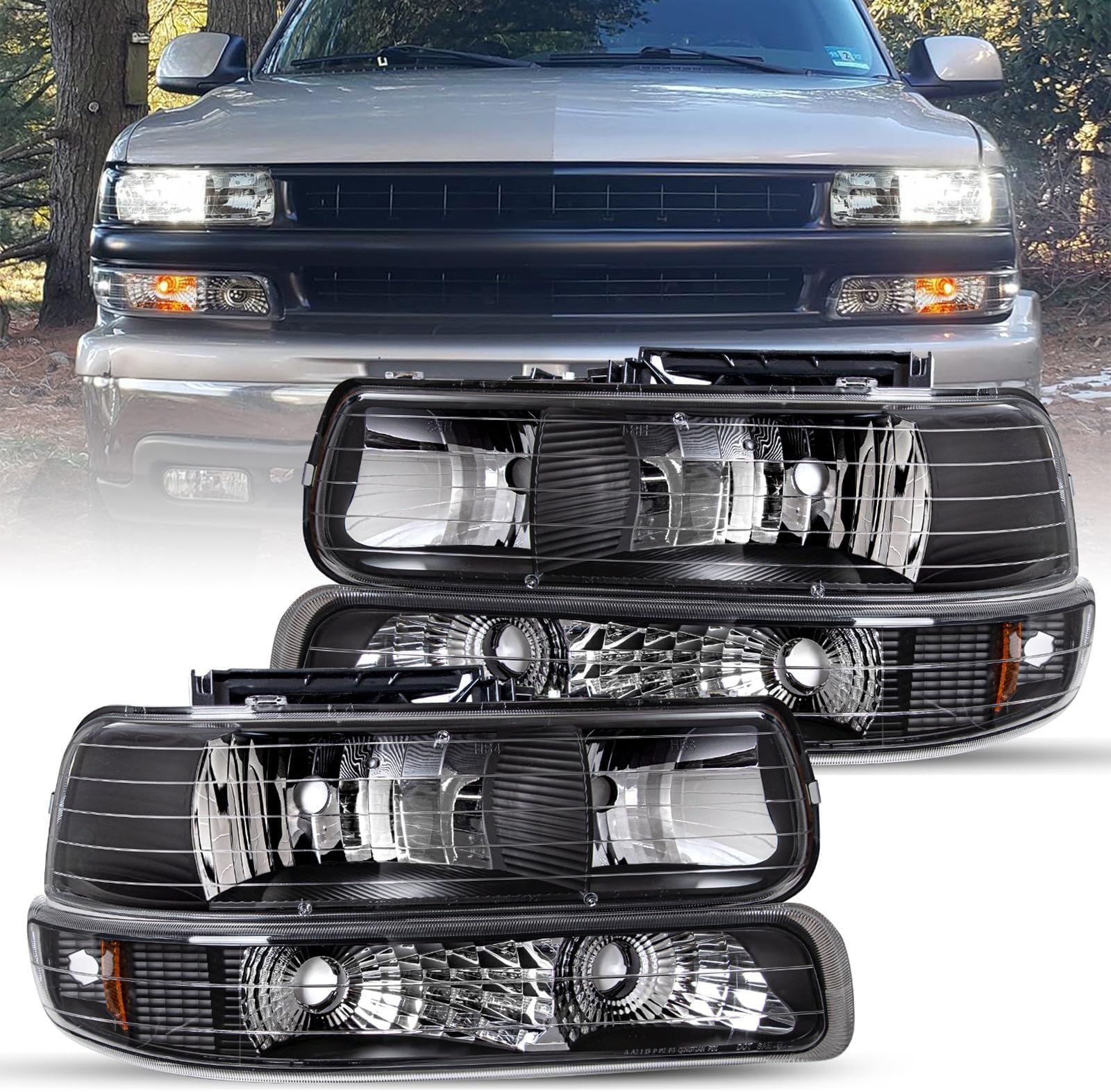 JSBOYAT 4pcs Headlight Assembly Fit for 1999-2002 Chevy Silverado 1500 2500/00-06 Chevy Tahoe Suburban, with Bumper Lights Passenger & Driver Side