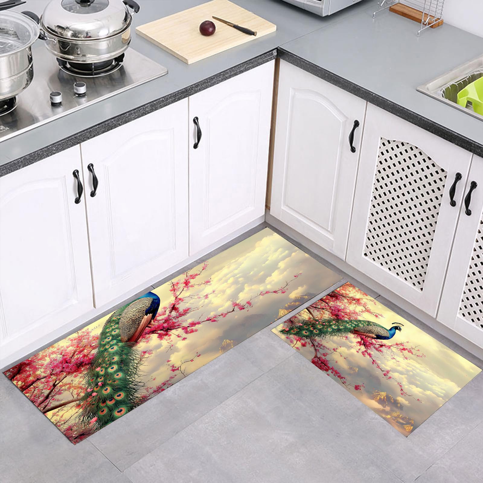 Alfombras anti fatiga para cocina con diseño impermeable de pavo real y flores