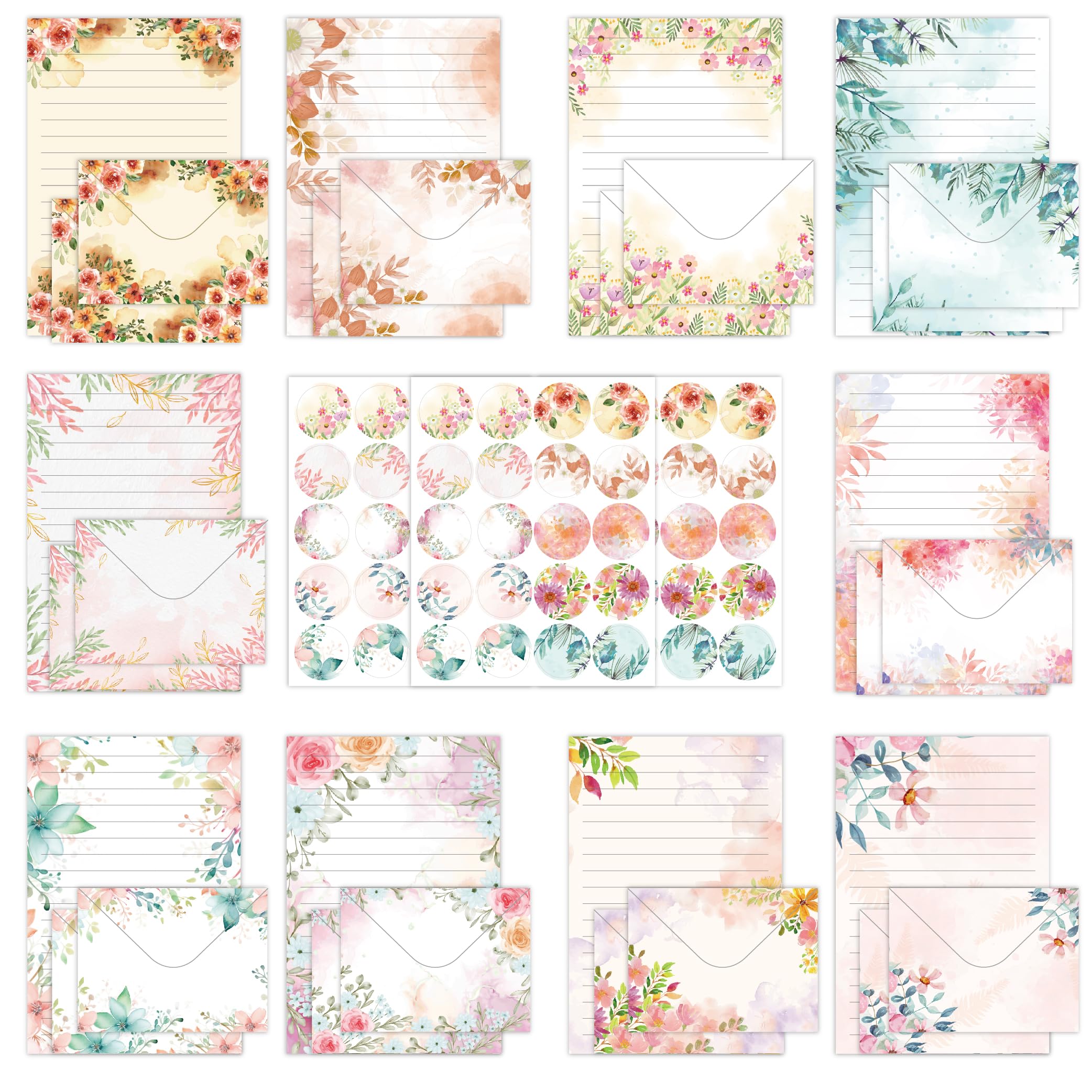 Briefpapier-Umschläge-Set, 160 Stück, 50 linierte Briefpapier, 50 Umschläge, 60 Punkt-Aufkleber, Vintage/Blumen/Blatt/Aquarell, verschiedene Stile (Schreibwaren, 160 Stück, Floral)