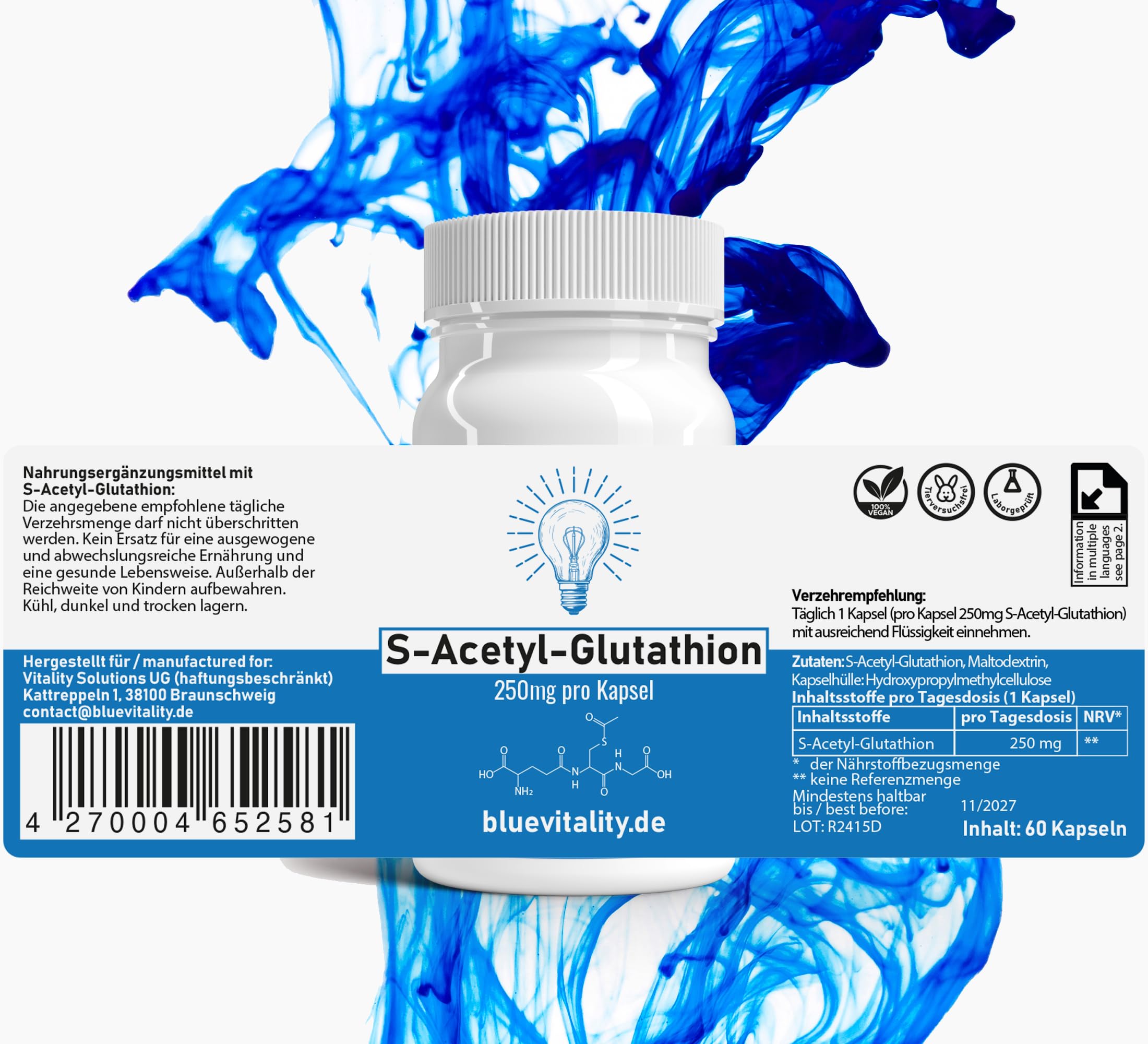 S-Acétyl Glutathion | 250 mg par gélule | 60 gélules | hautement dosé & stabilisé | Haute biodisponibilité | végan & testé en laboratoire