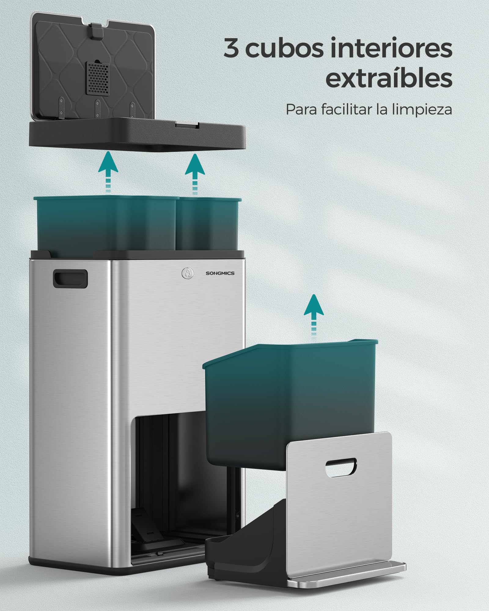 SONGMICS Papelera de Cocina, Cubo de Basura, Volumen de 2 x 17 L y 26 L, 3 Compartimentos para Basura General, Restos de Comida y Reciclaje, Filtro de Carbón, Pedal Ancho, Plata LTB550E60