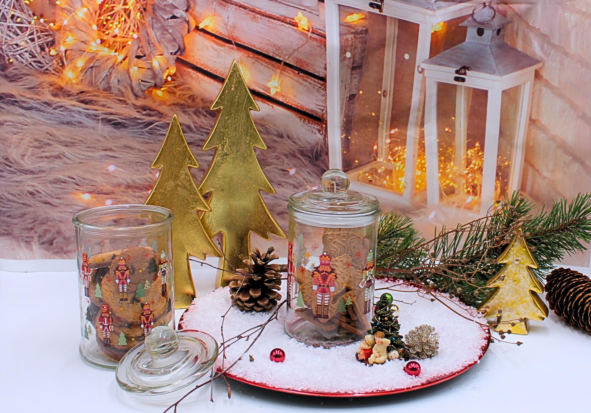 Dekohelden24 Boîte aromatique, boîte de conservation, récipient en verre avec motif de Noël, boîte à biscuits avec motif casse-noisette, H x Ø : 19 x 10 cm, capacité 600 ml par verre, contenu de la