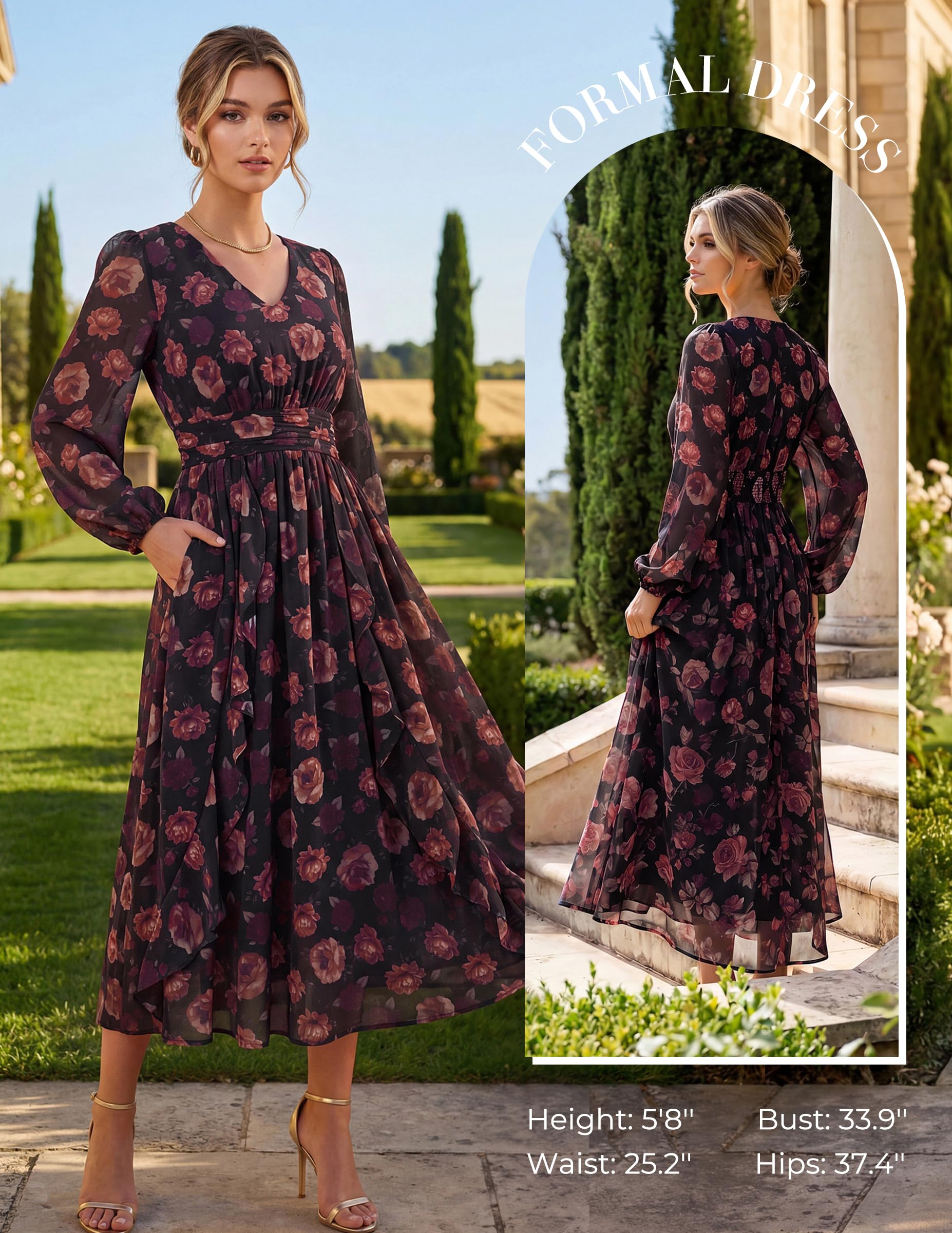 GRACE KARIN Damen V-Ausschnitt Laterne Ärmel Rüschensaum Blumendruck Tailliert Midi Kleid mit Taschen