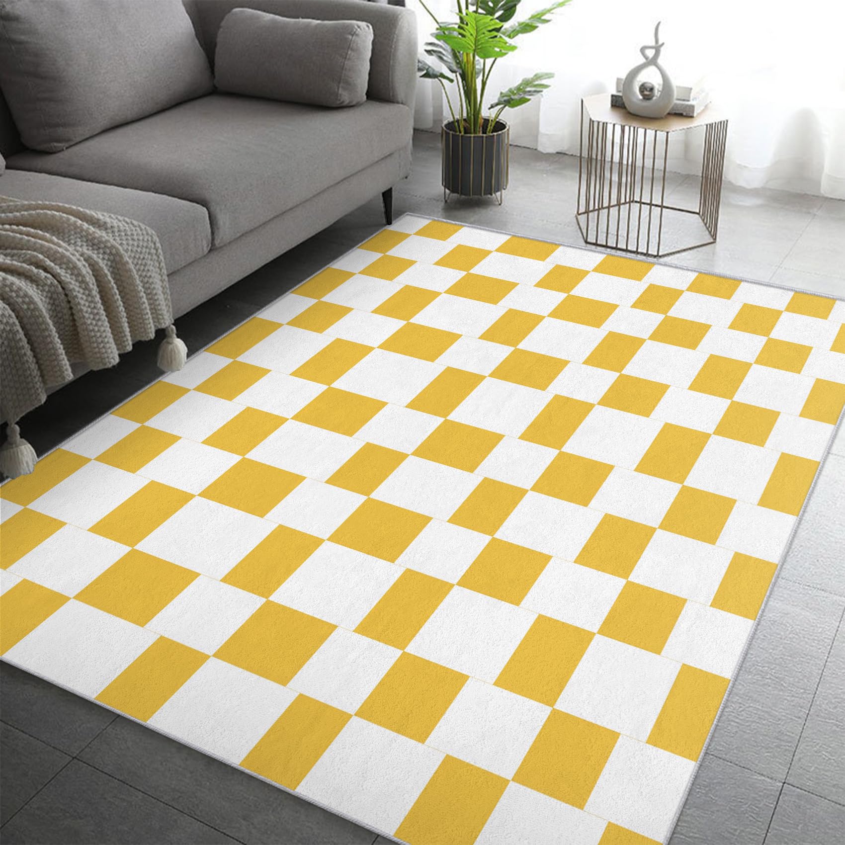 Tapis jaune tartan 120x170 antidérapant facile à nettoyer