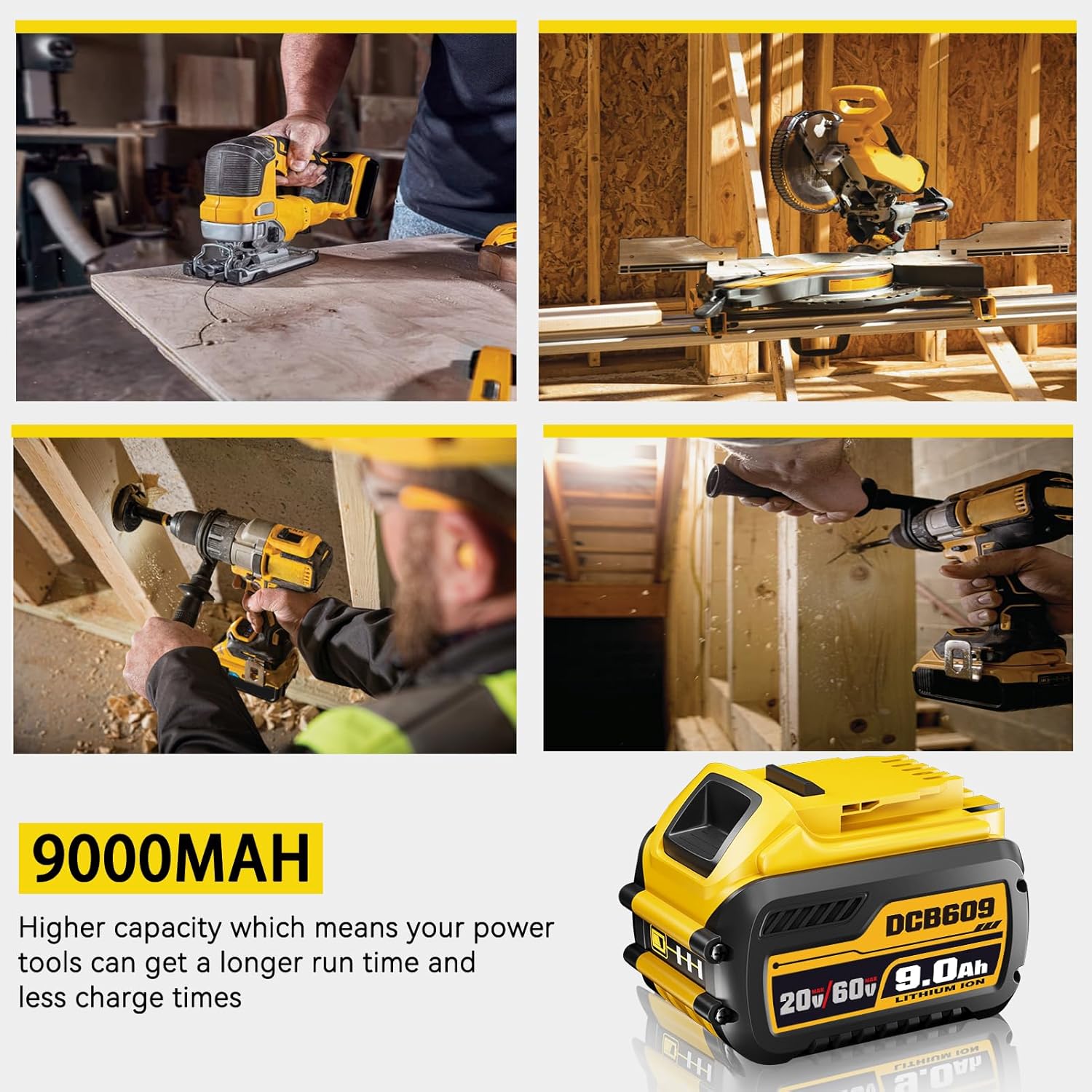 4Pack DCB606 9.0Ah Replacement for Dewalt 20V/60V Battery, Compatible with Dewalt 20V/60V Lithium Battery DCB609 DCB606 DCB612 DCB200 DCB204 DCB206 DCB207 Cordless Power Tools