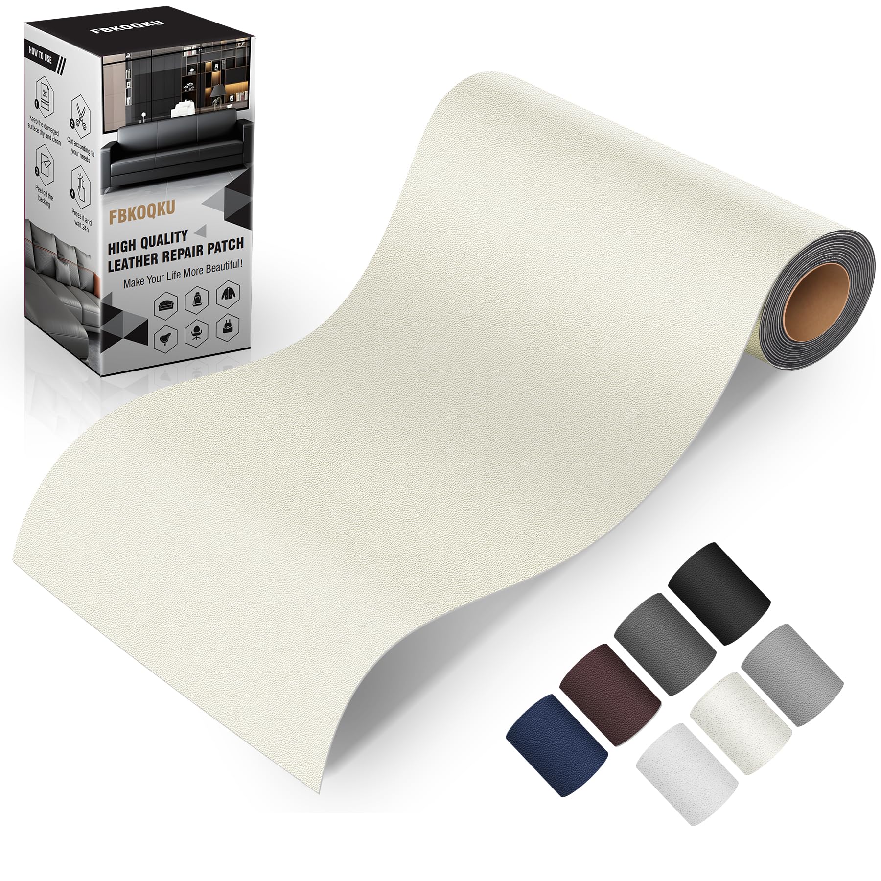 Pelle Adesiva per Riparazioni Autoadesivo, 10 x 200 cm Patch di Riparazione in Pelle,Ecopelle Adesiva per Divani, Sedili Auto, Mobili, Borse, Giacche （Liscio Bianco）