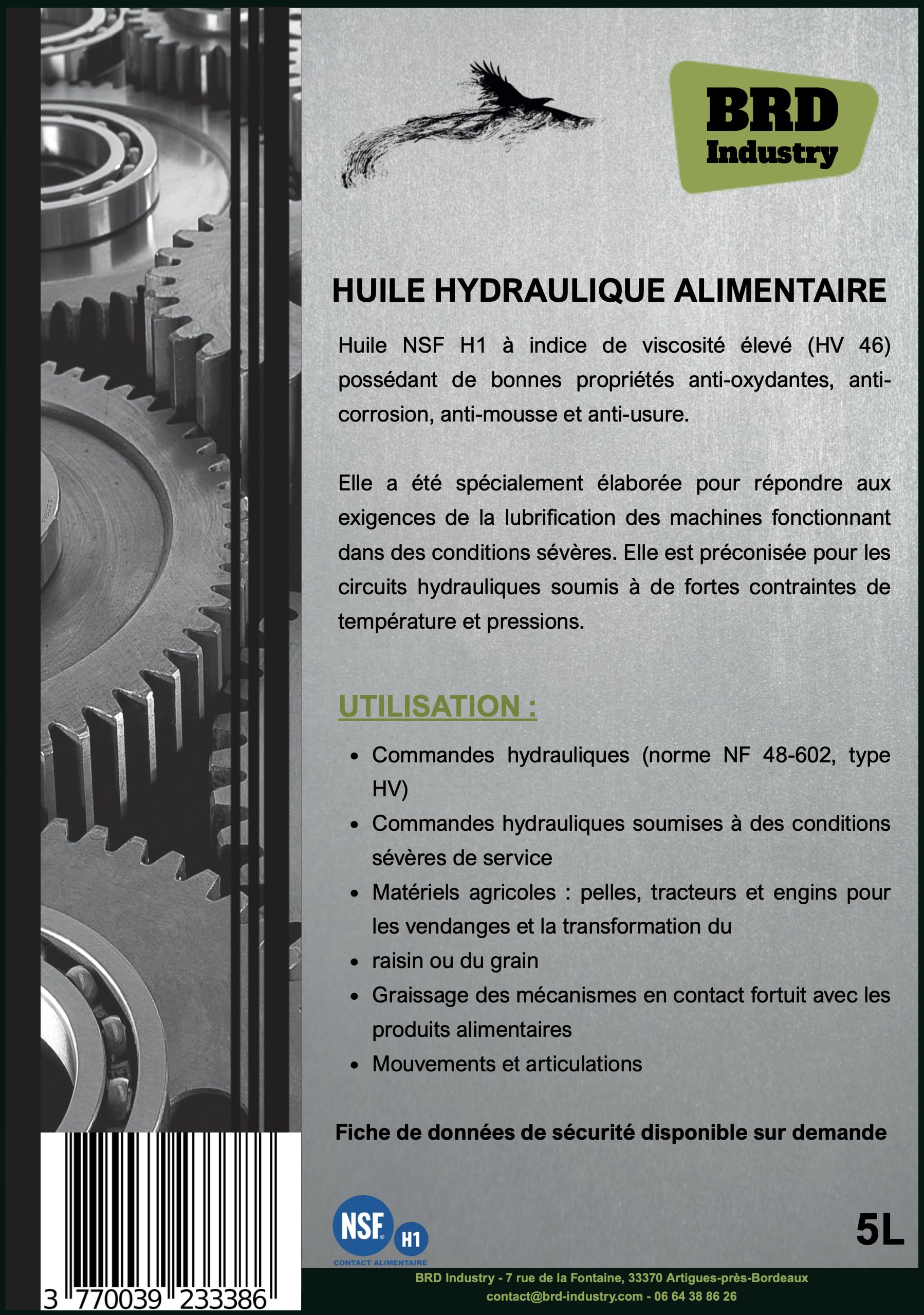 Huile hydraulique à contact alimentaire HV46 - Bidon de 5L