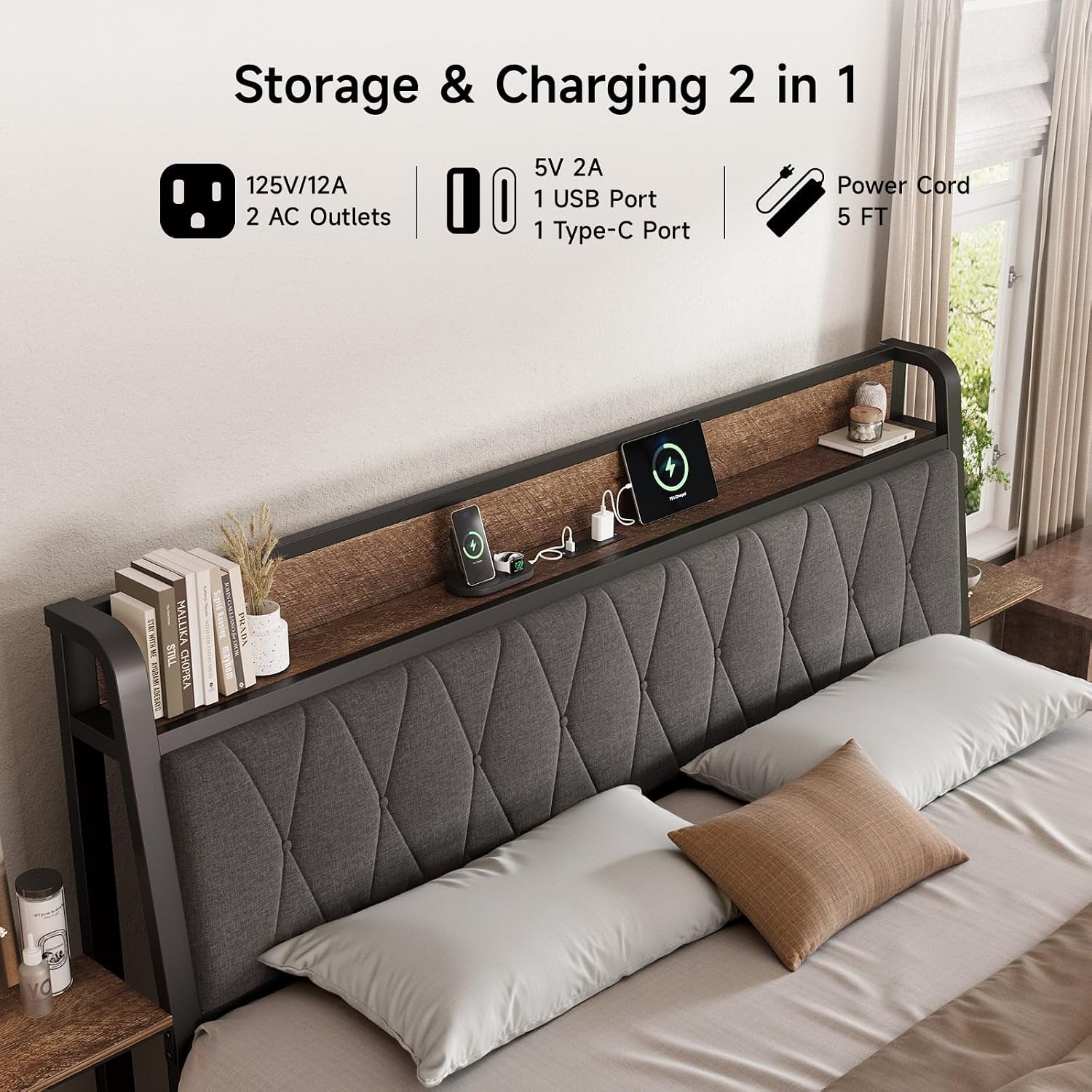 ONBRILL King Size Bed Frame with Side Storage Shelf, Ergonomic Upholstered Headboard with Charging Station, King Platform Bed Frame, Metal Slats Support, No Box Spring Needed, Easy Assembly, Black