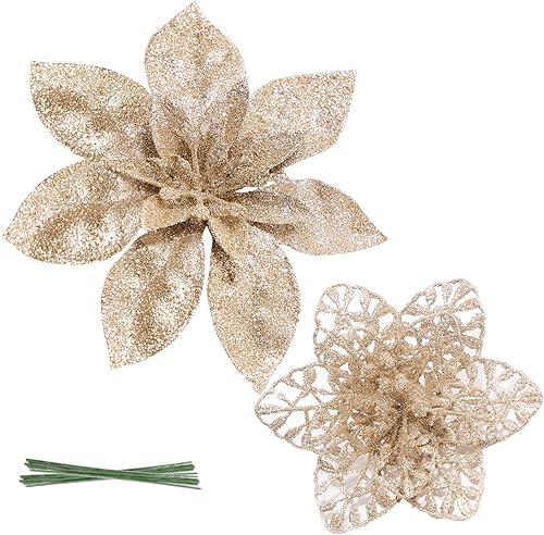 Miniatura 1 de 24 decoraciones de flores artificiales de Pascua de Navidad adornos de árbol de Navidad de flor de pascua con brillantina 2 tamaños para corona de