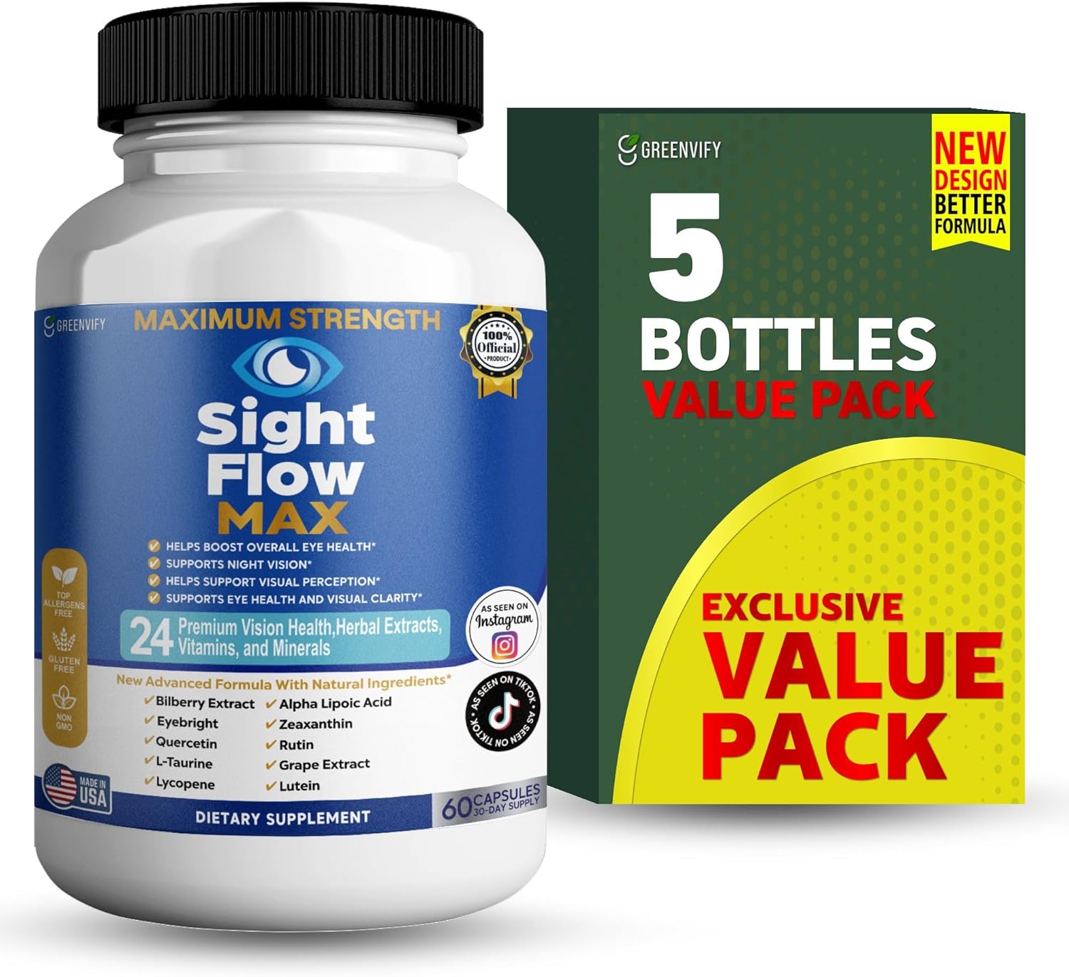 Sight Flow Max Eye Health Supplement, 24 Premium Vision Herbal Extracts, Vitamins and Minerals, 60 Capsules (5)