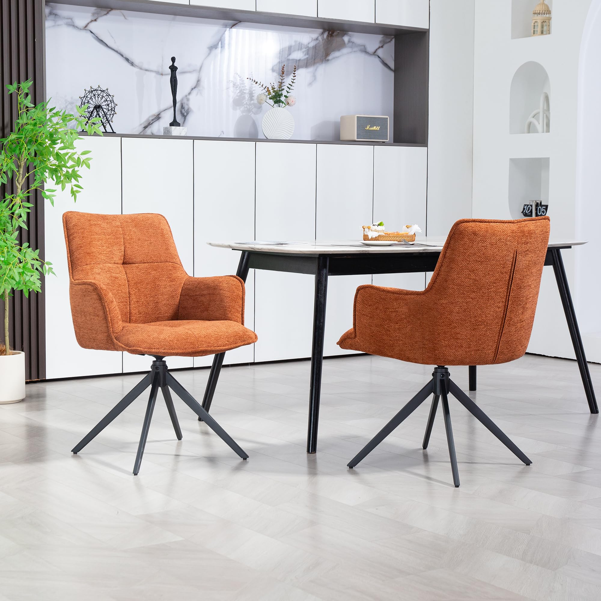 AISALL 360° Swivel Dining Chairs Set of 2, Modern Chenille Upholstered Armchairs with Ergonomic Back Support, Sturdy Metal Legs for Kitchen & Dining Room, Orange-Brown