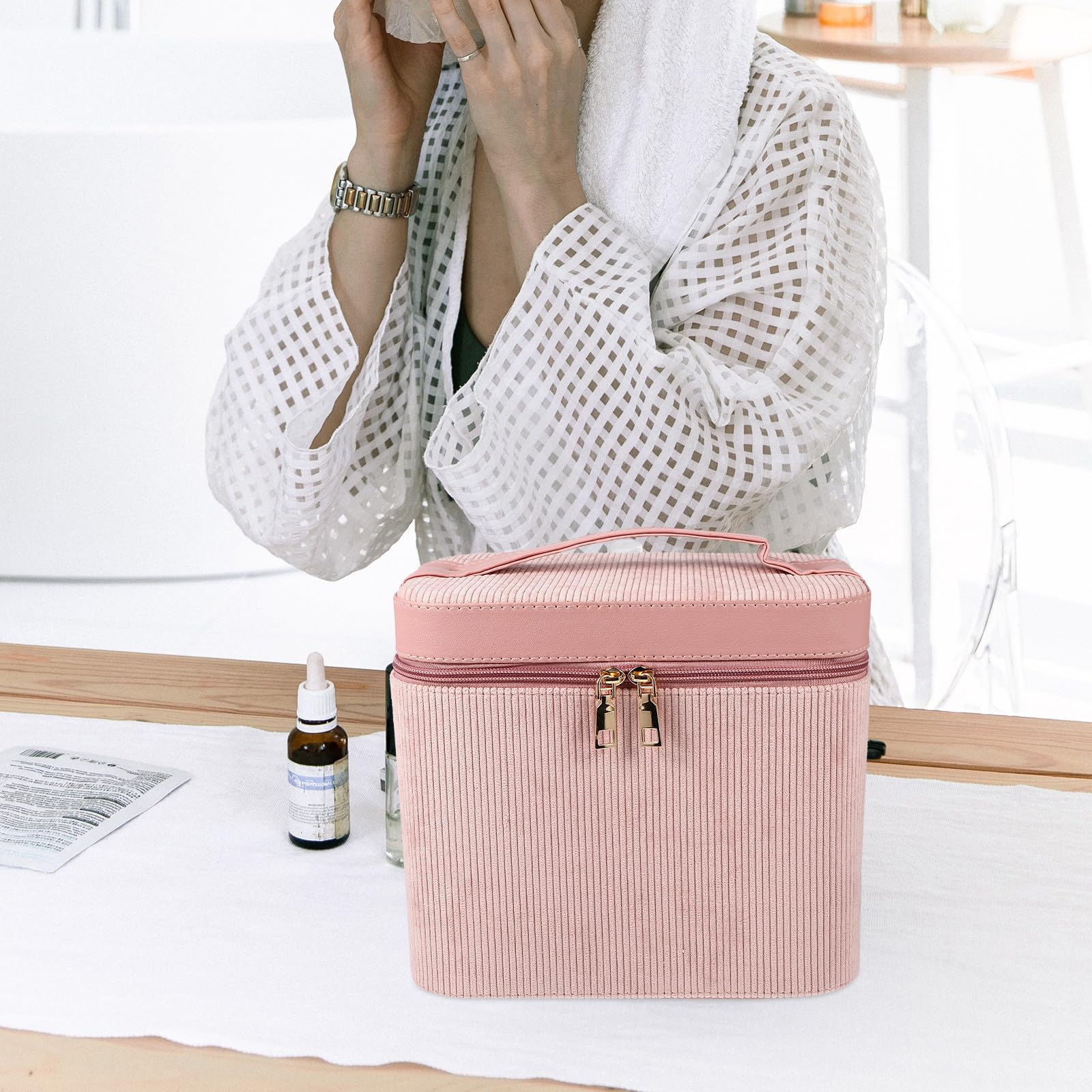 Hohopeti Doppellagige Kosmetiktasche Damen mit Spiegel Robuste Reisekosmetiktasche Rosa Tragbarer Kulturbeutel für Make Up und Hautpflege