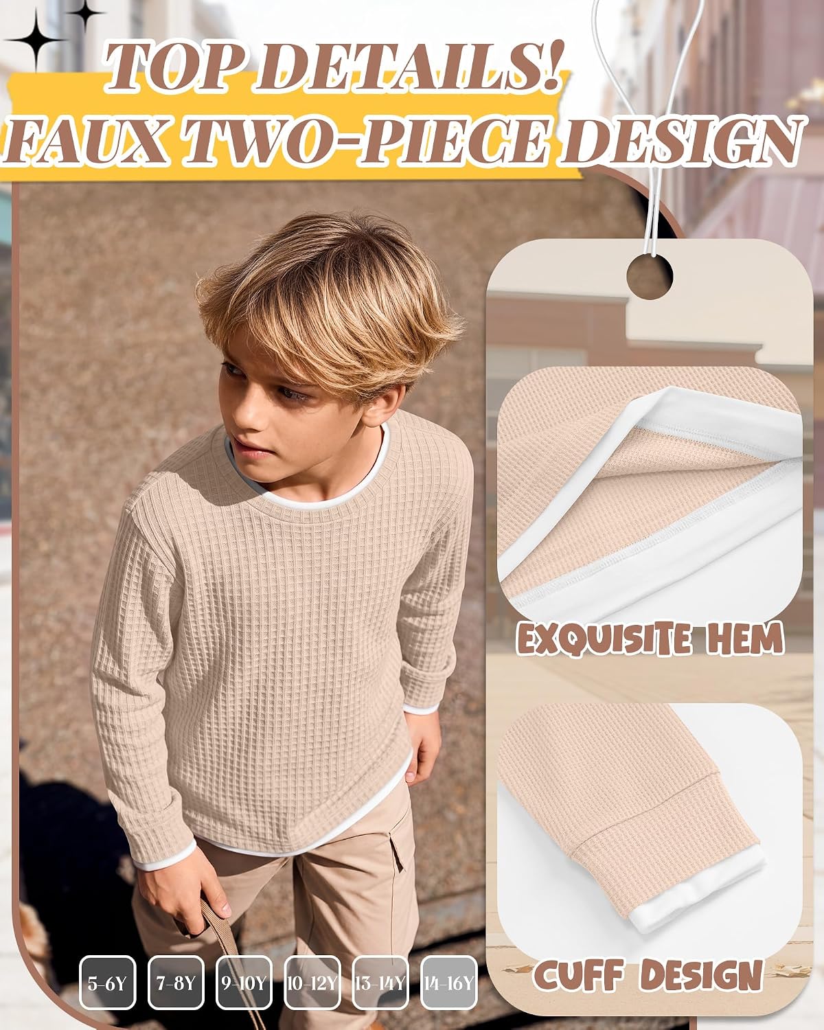 Boys Waffle Long Sleeve Shirts Crew Neck Tops