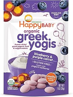 Happy Baby Organics Baby Snacks, Greek Yogis, Freeze Dried Yogurt &Veggie Fruit Snacks, Gluten Free Babies 9+ Months, Blueberry & Purple Carrot, 1 Ounce
